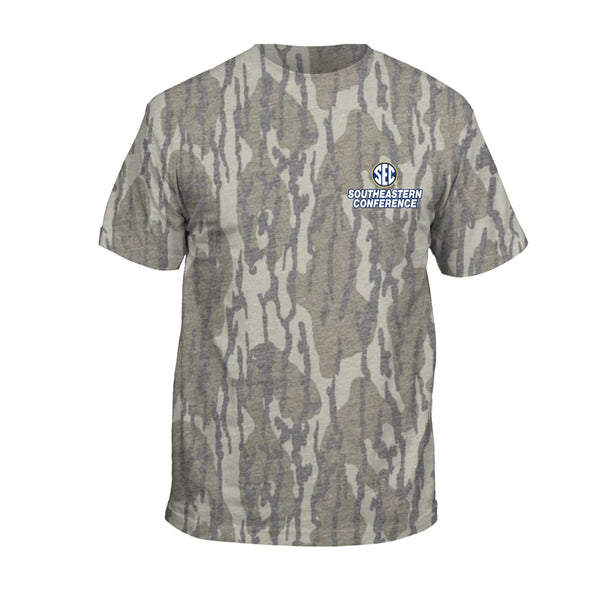 Camo print short sleeve t-shirt with SEC logo on front left chest shown on a white background.