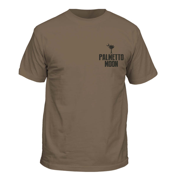 Brown t-shirt with 'Palmetto Moon' logo on a white background