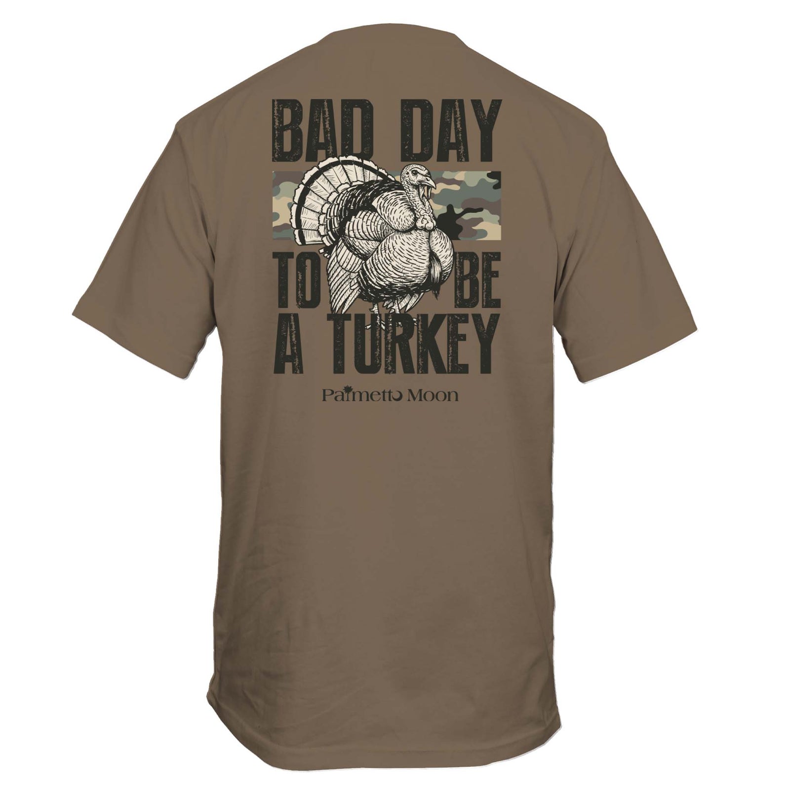 Brown t-shirt with a graphic of a turkey and text on the back, on a white background