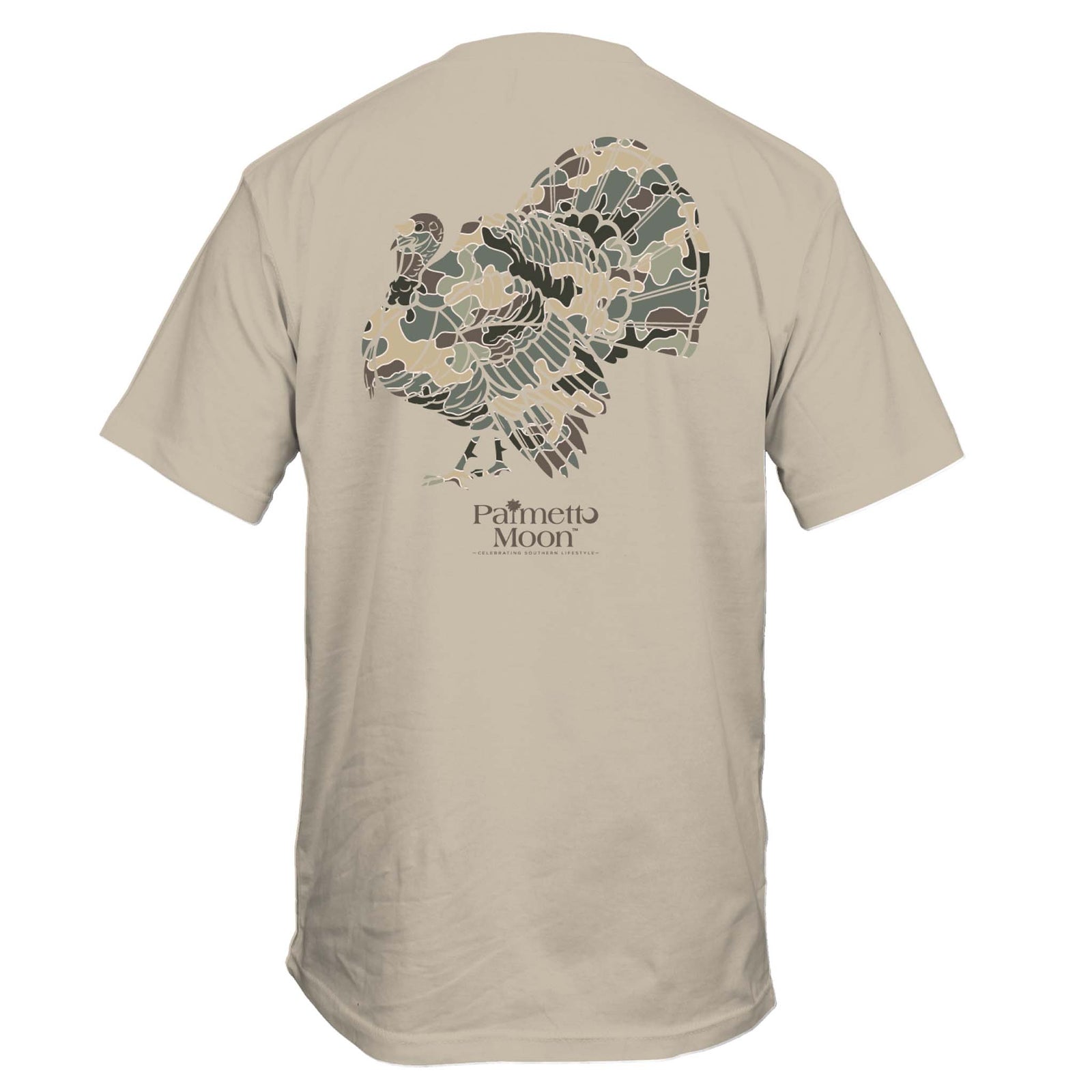 Beige t-shirt with a camo-filled turkey graphic design on the back displayed on a white background