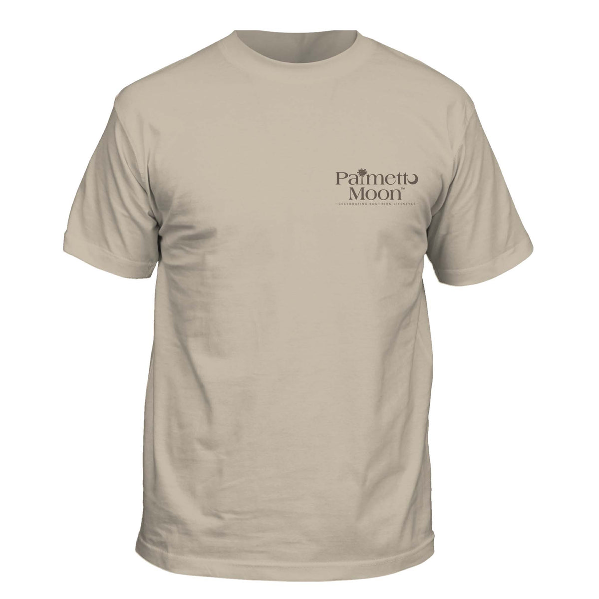 Beige t-shirt with 'Palmetto Moon' logo on a white background