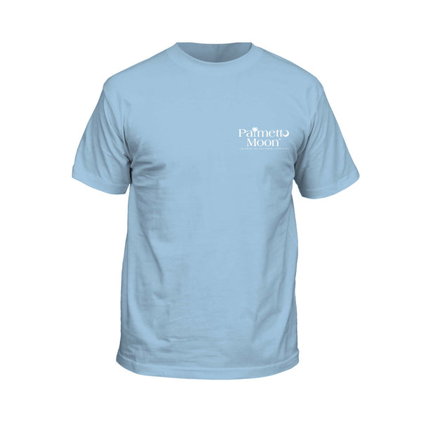 Light blue t-shirt with a logo on the chest against a white background