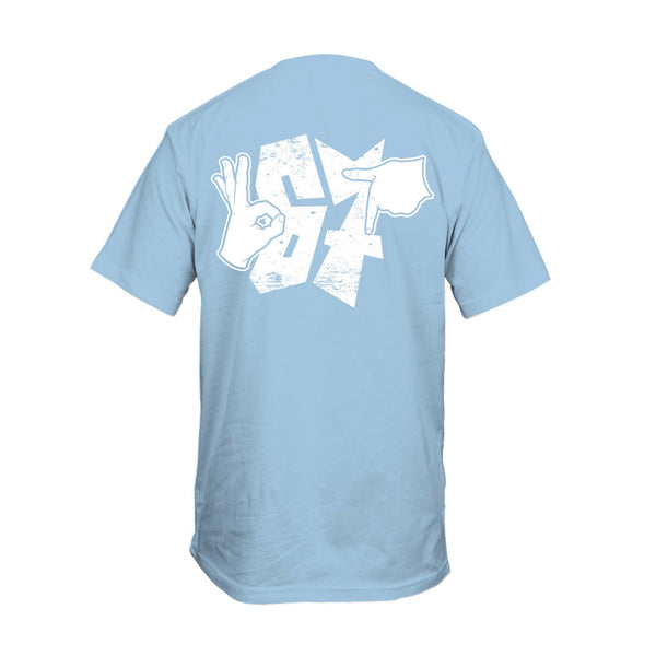 Light blue t-shirt with white graphic design on the back against a white background