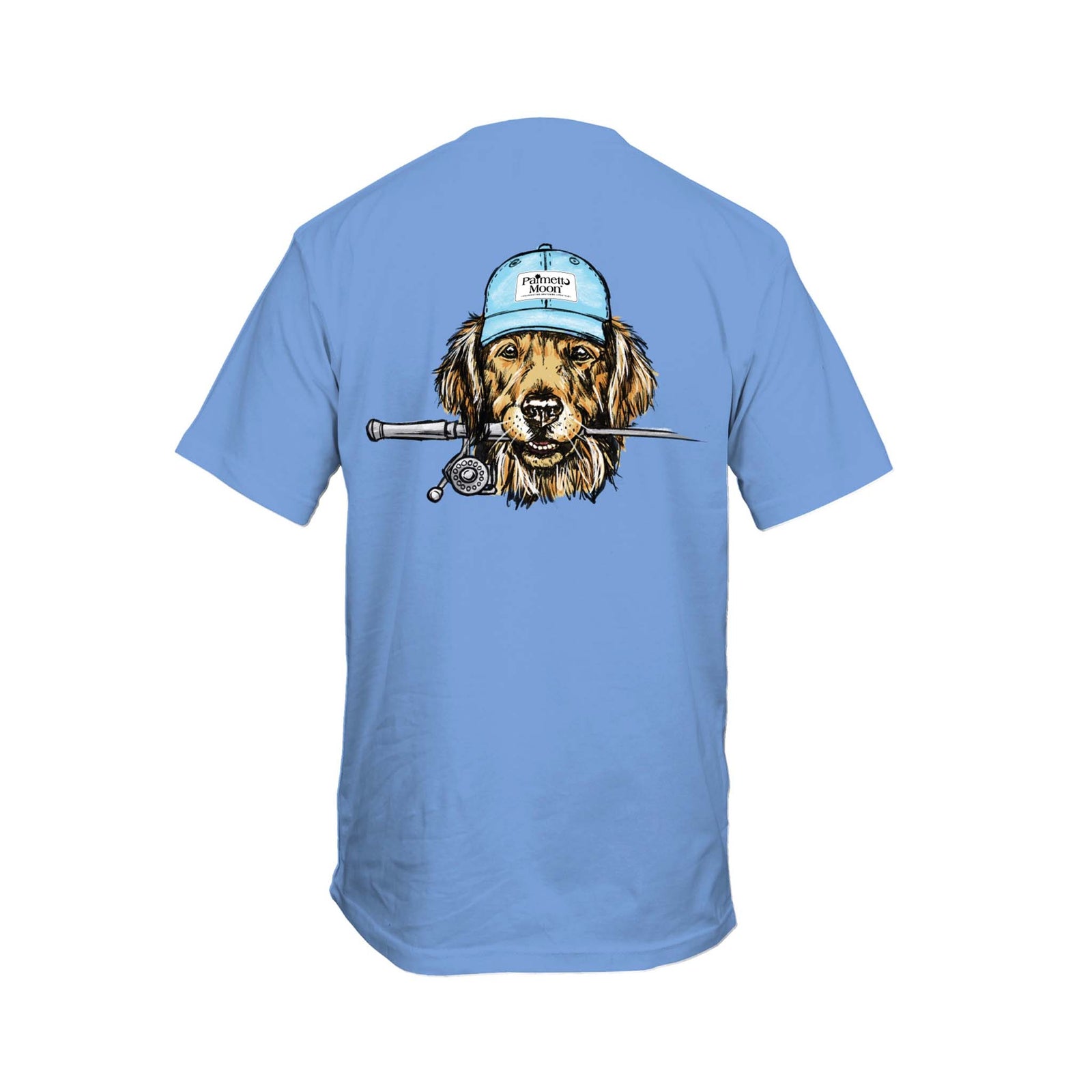 Blue t-shirt with a graphic of a dog wearing a cap and holding a fishing rod on a white background