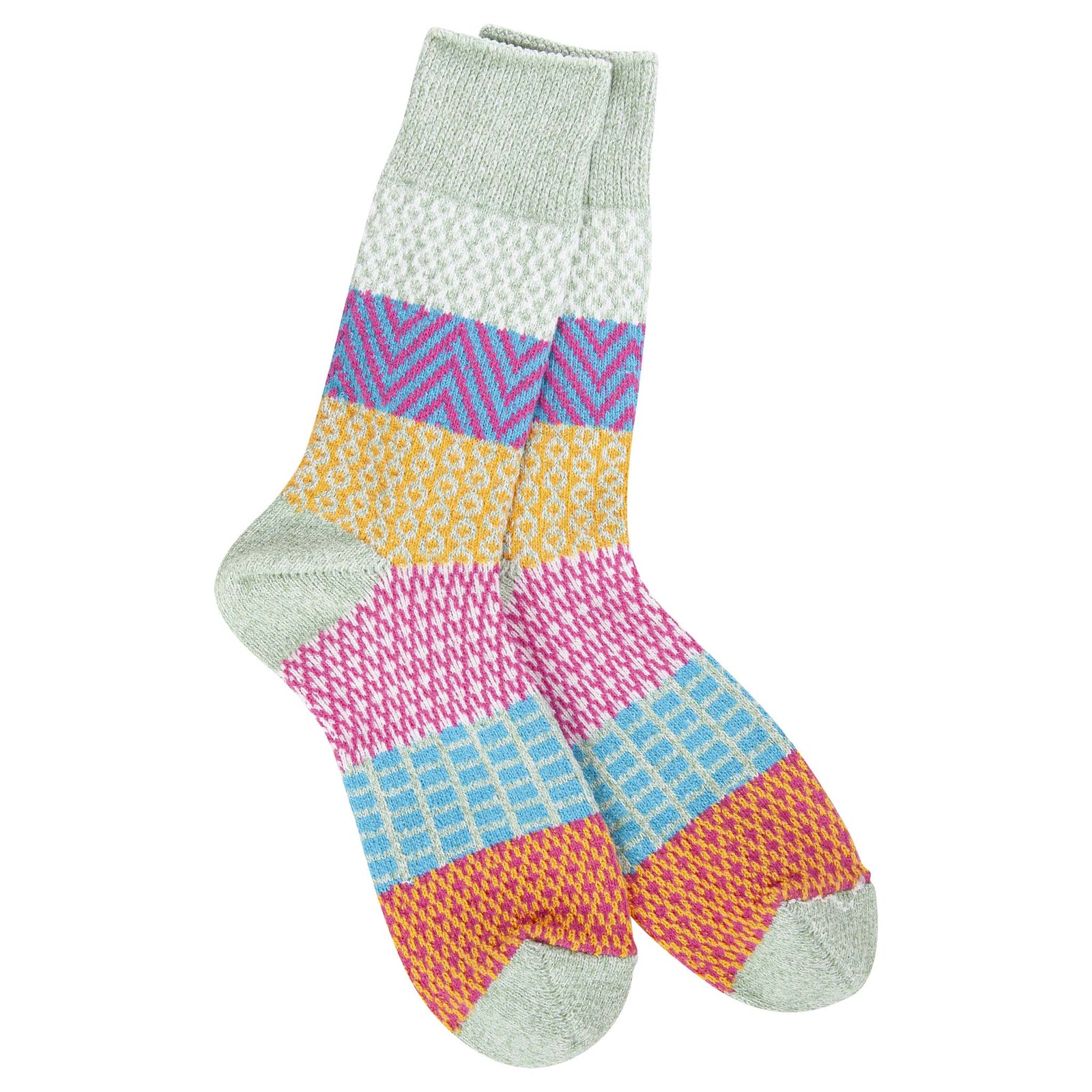 Multicolor crew socks with sage green cuffs and heels, featuring bright geometric knit patterns in pink, yellow, blue, and purple stripes.