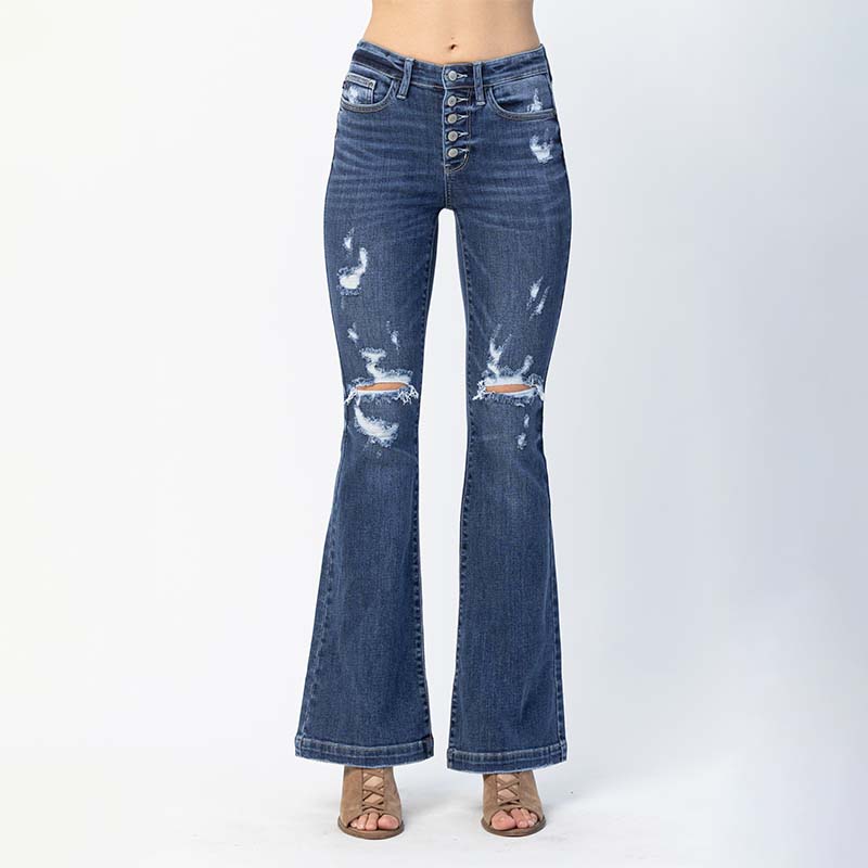 Distressed Mid Rise Flare Jeans
