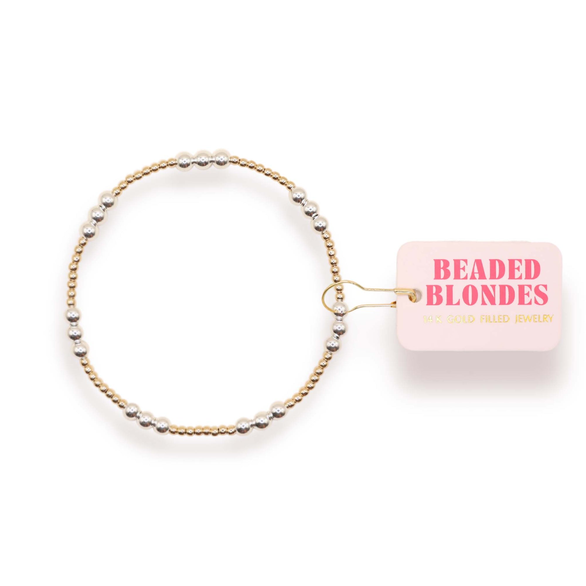 Beaded bracelet with a pink packaging label on a white background