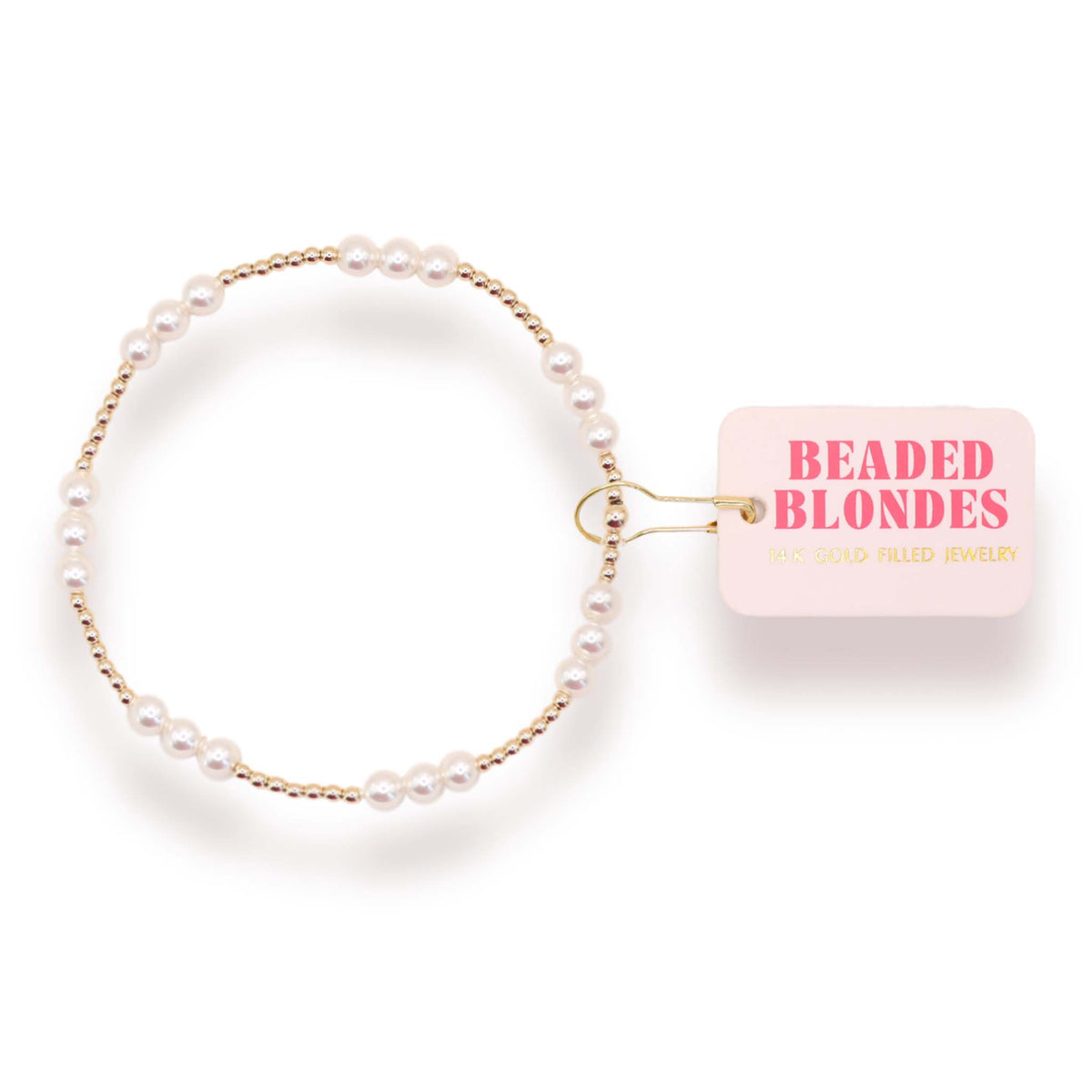 Pearl bracelet with a pink packaging labeled 'Beaded Blondes' on a white background