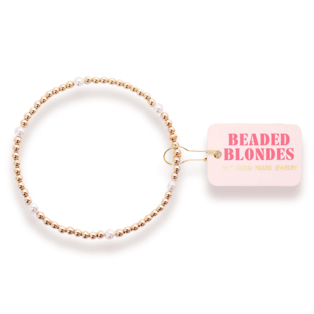 Beaded bracelet with 'Beaded Blondes' packaging on a white background