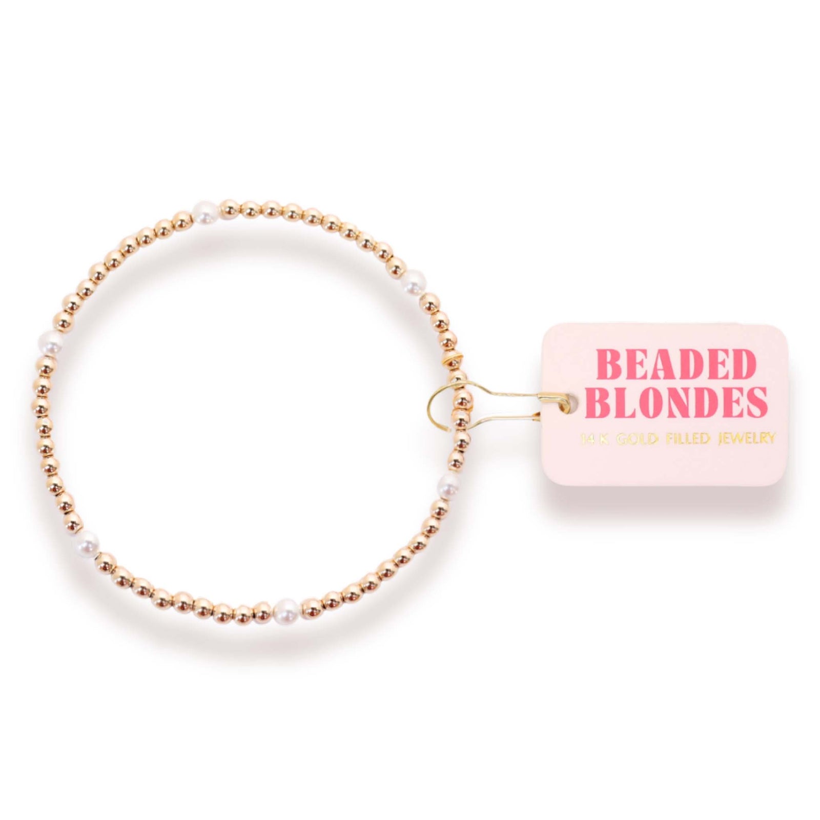 Beaded bracelet with 'Beaded Blondes' packaging on a white background