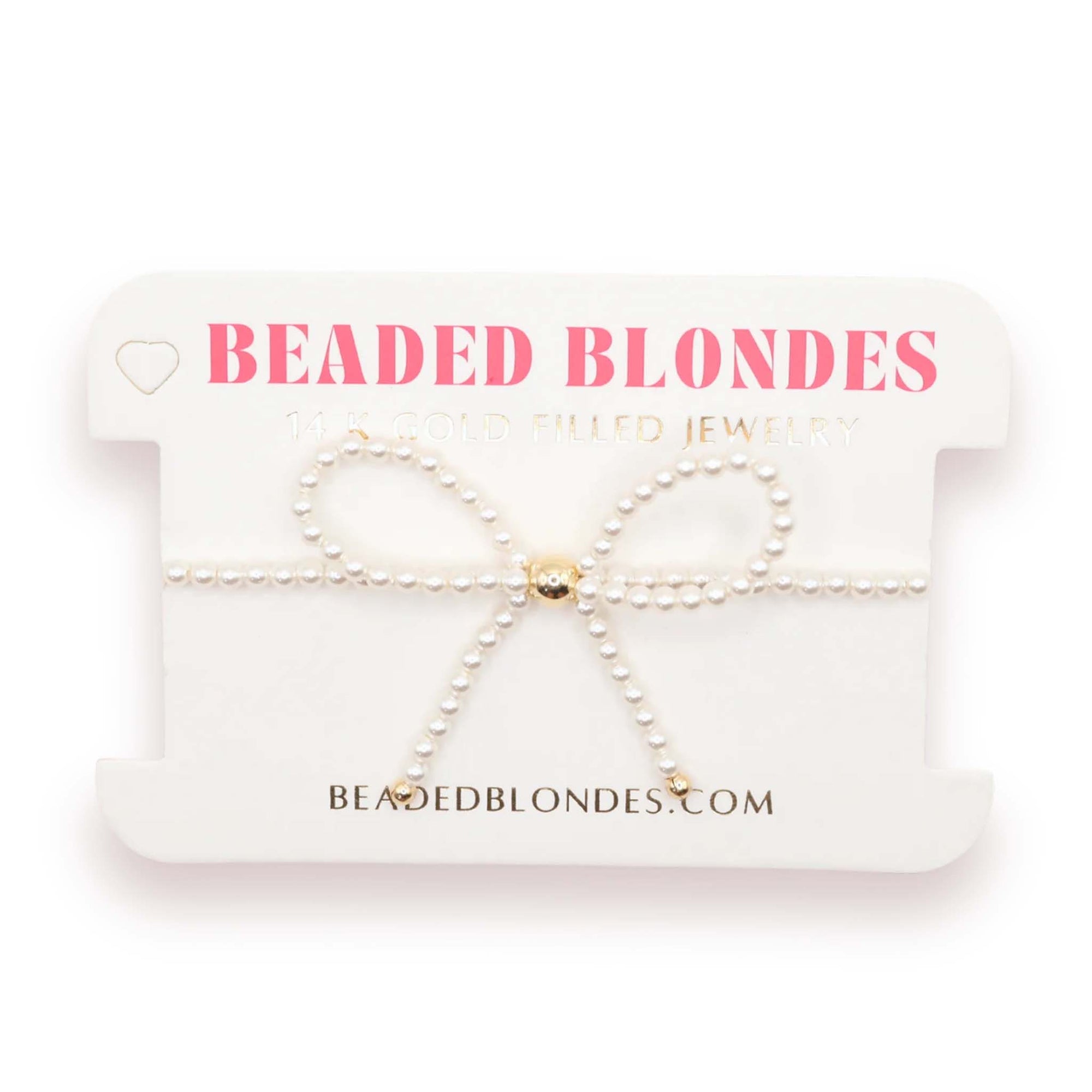 Beaded blondes jewelry set on a branded card with website information.