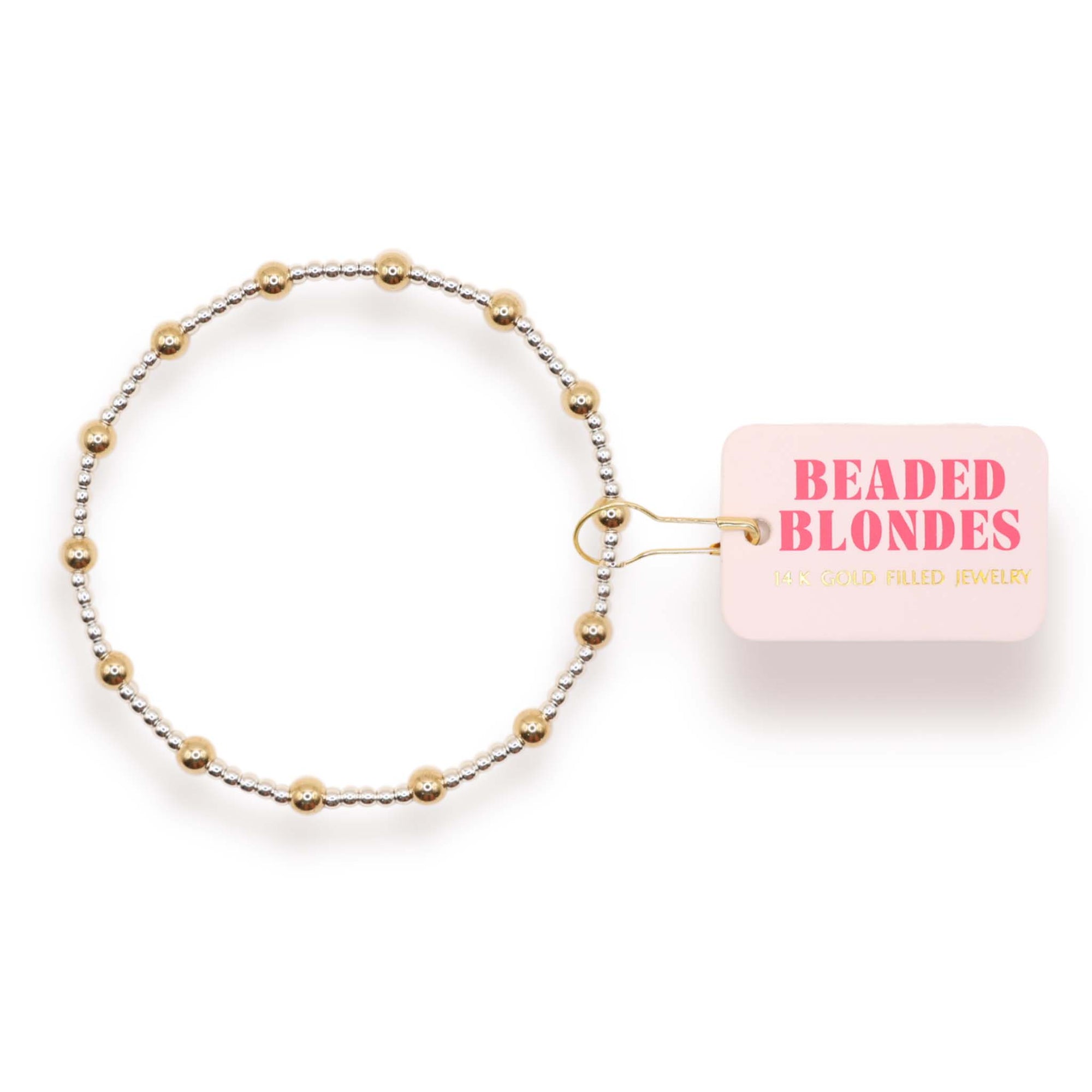 Beaded bracelet with packaging labeled 'Beaded Blondes' on a white background