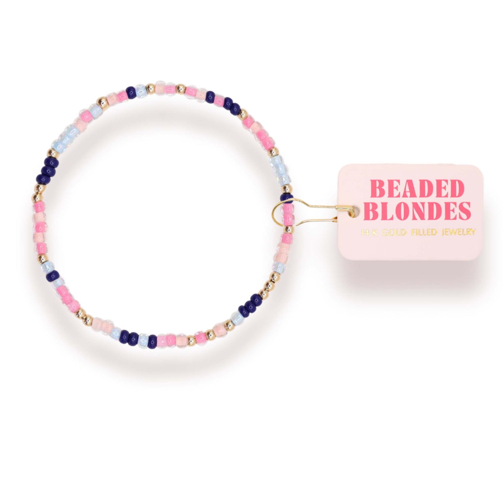 Beaded hair tie with 'Beaded Blondes' packaging on a white background
