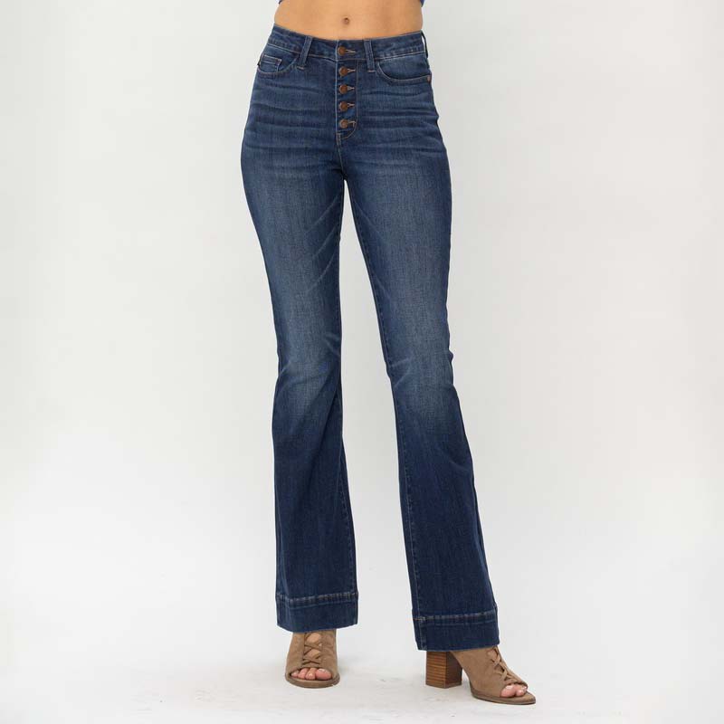 Button High Rise Flare Jeans