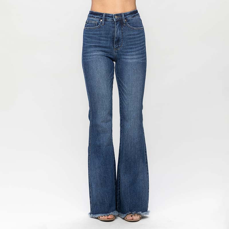 Frayed High Rise Flare Jeans