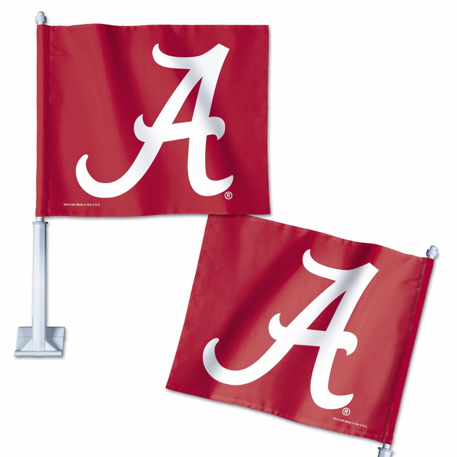 Crimson car flag featuring a white script A logo, double-sided, with window pole attachment.