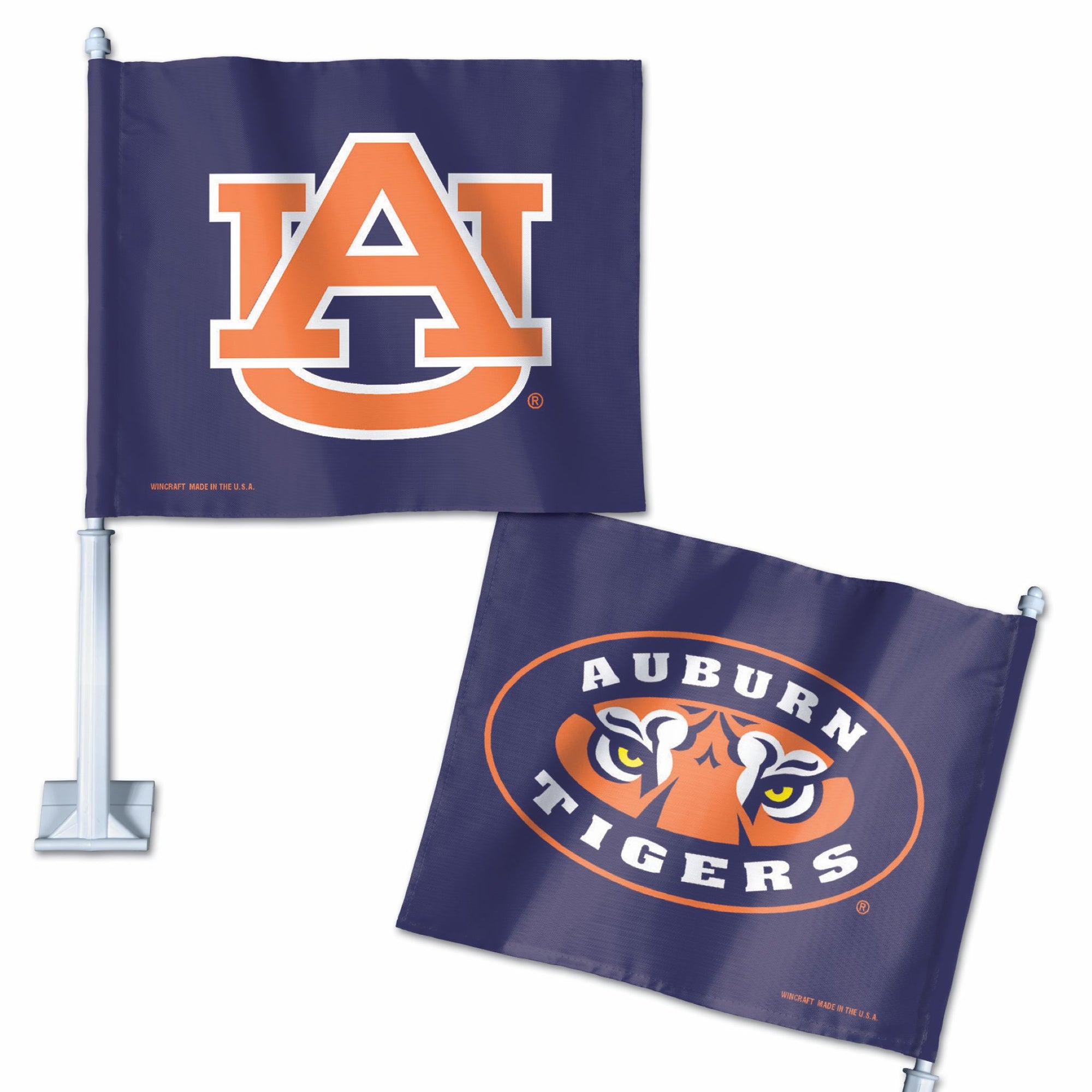 Navy car flag with orange AU logo on one side and Auburn Tigers eyes graphic on the other, with pole attachment.