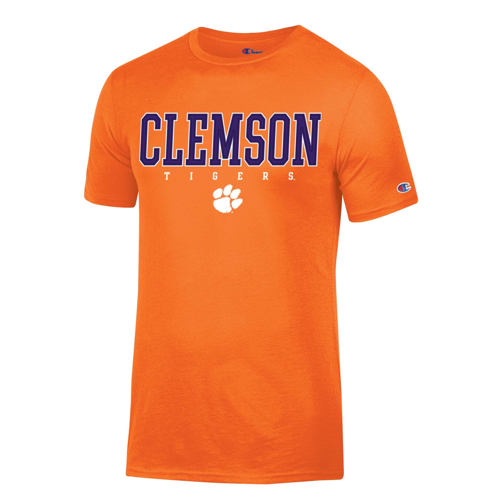 Orange Champion t-shirt with "CLEMSON TIGERS" text in purple lettering and white paw print logo on chest