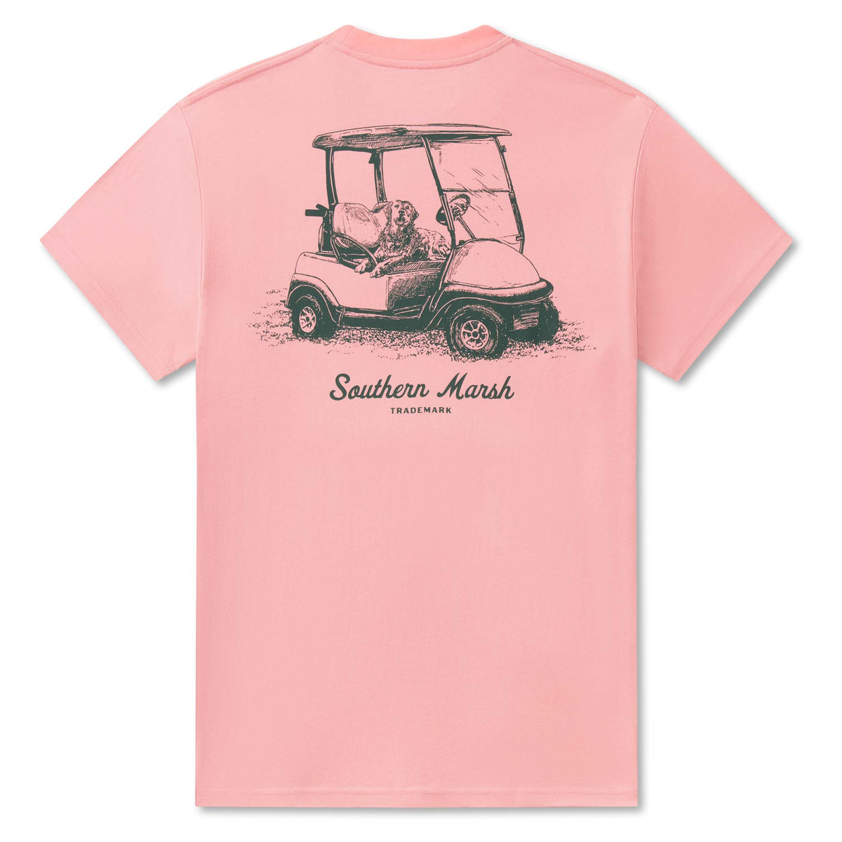 Southern Marsh Seawash t-shirt in washed camellia with back sketch graphic of dog sitting in a golf cart with logo below.
