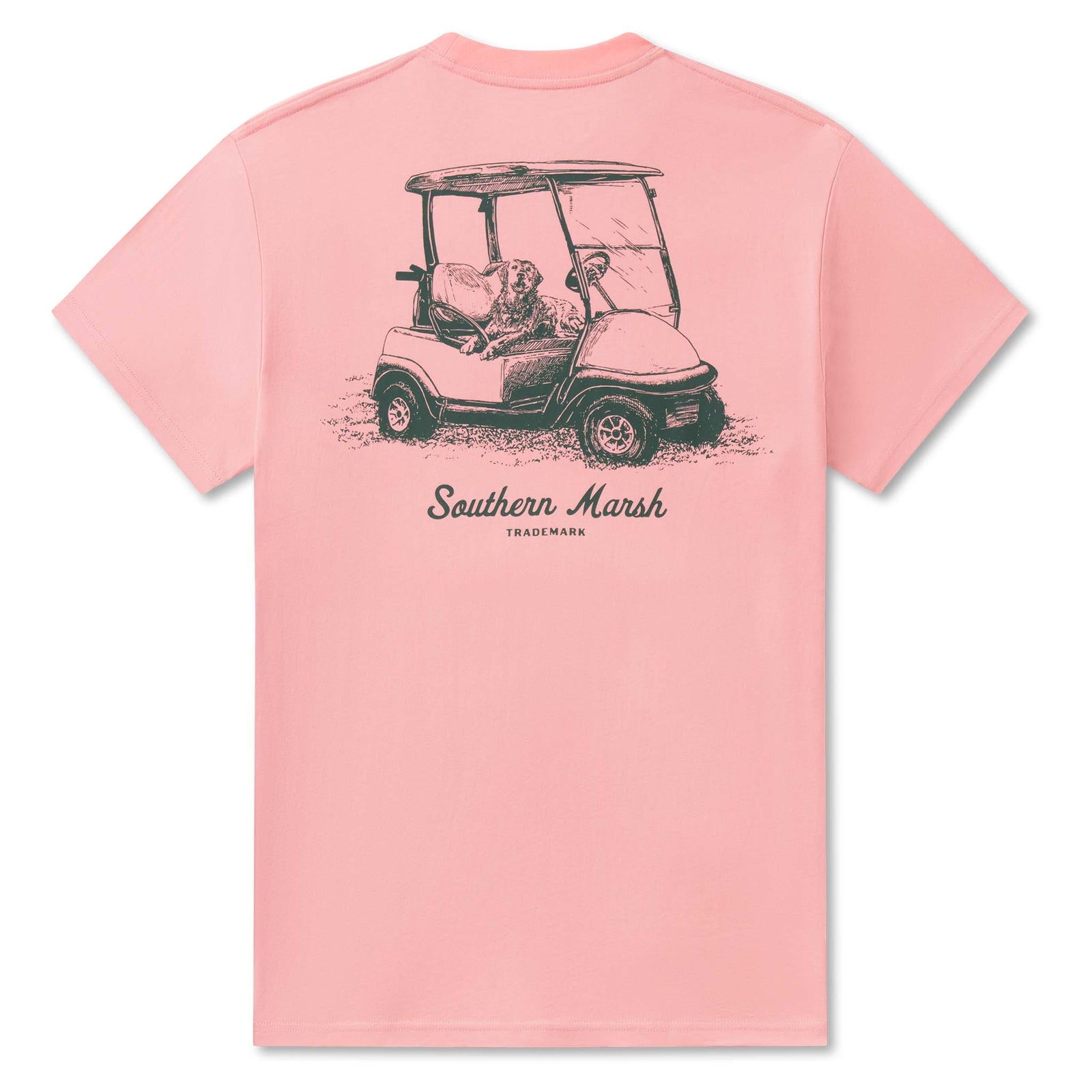 Southern Marsh Seawash t-shirt in washed camellia with back sketch graphic of dog sitting in a golf cart with logo below.