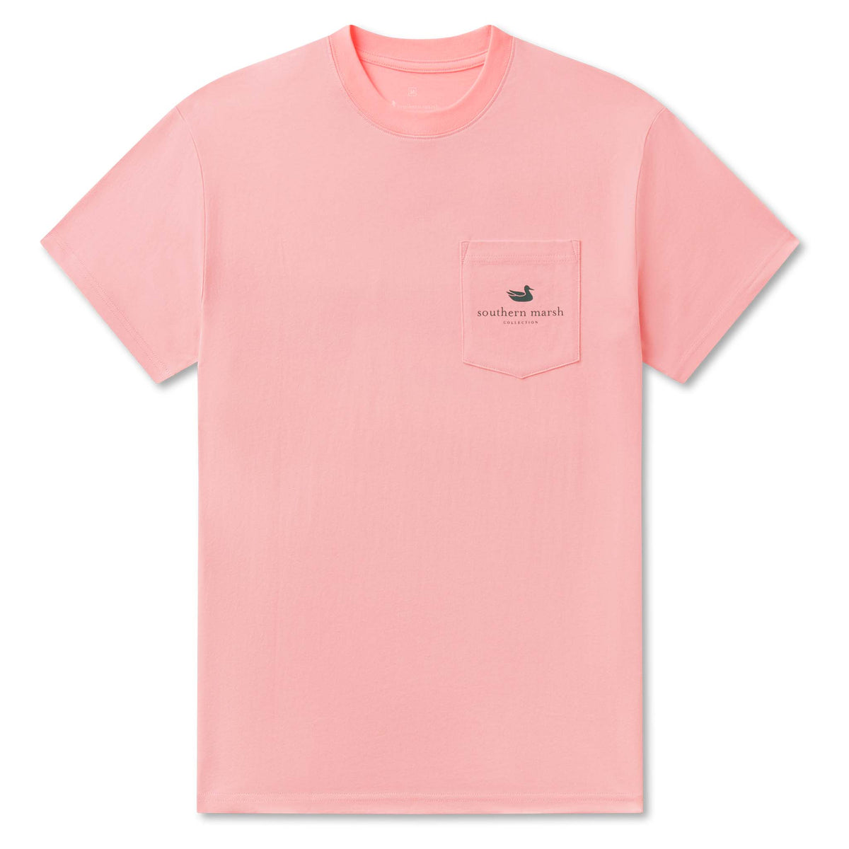 Southern Marsh Seawash t-shirt in washed camellia with front left pocket and small southern marsh logo.