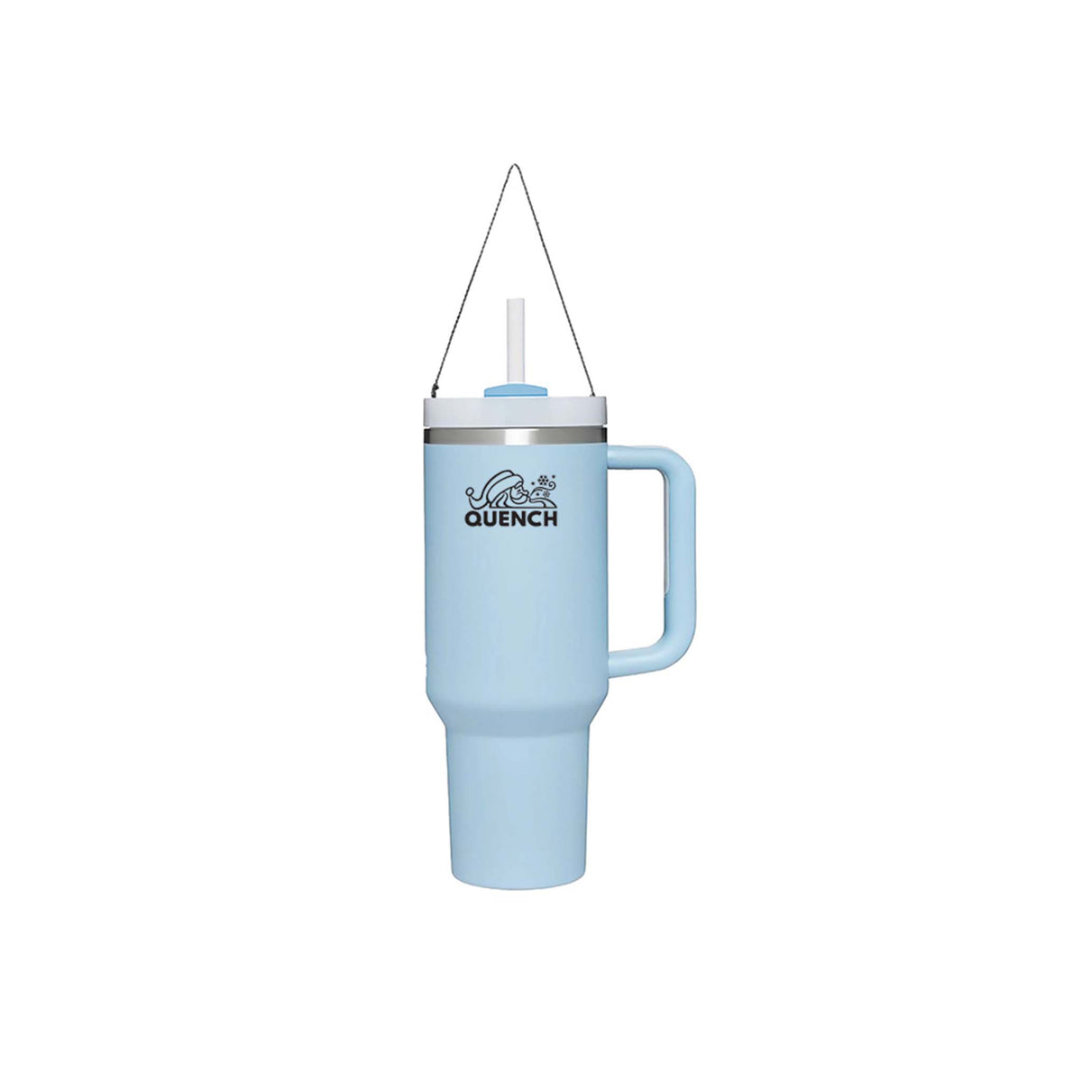 Light blue tumbler with handle and straw ornament on a white background