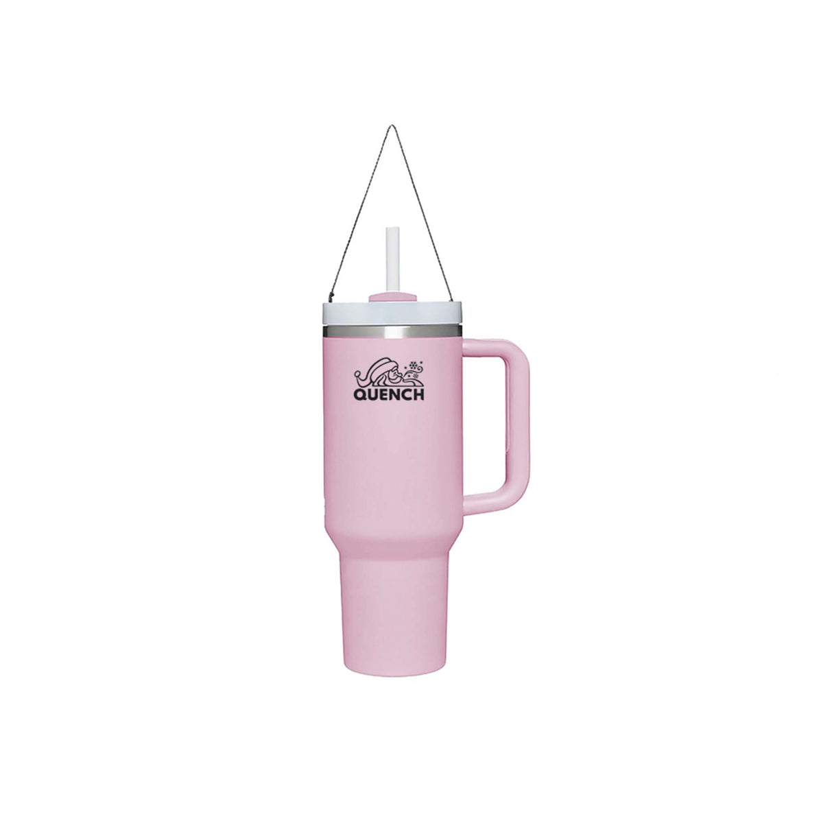 Pink insulated tumbler with handle and straw ornament on a white background