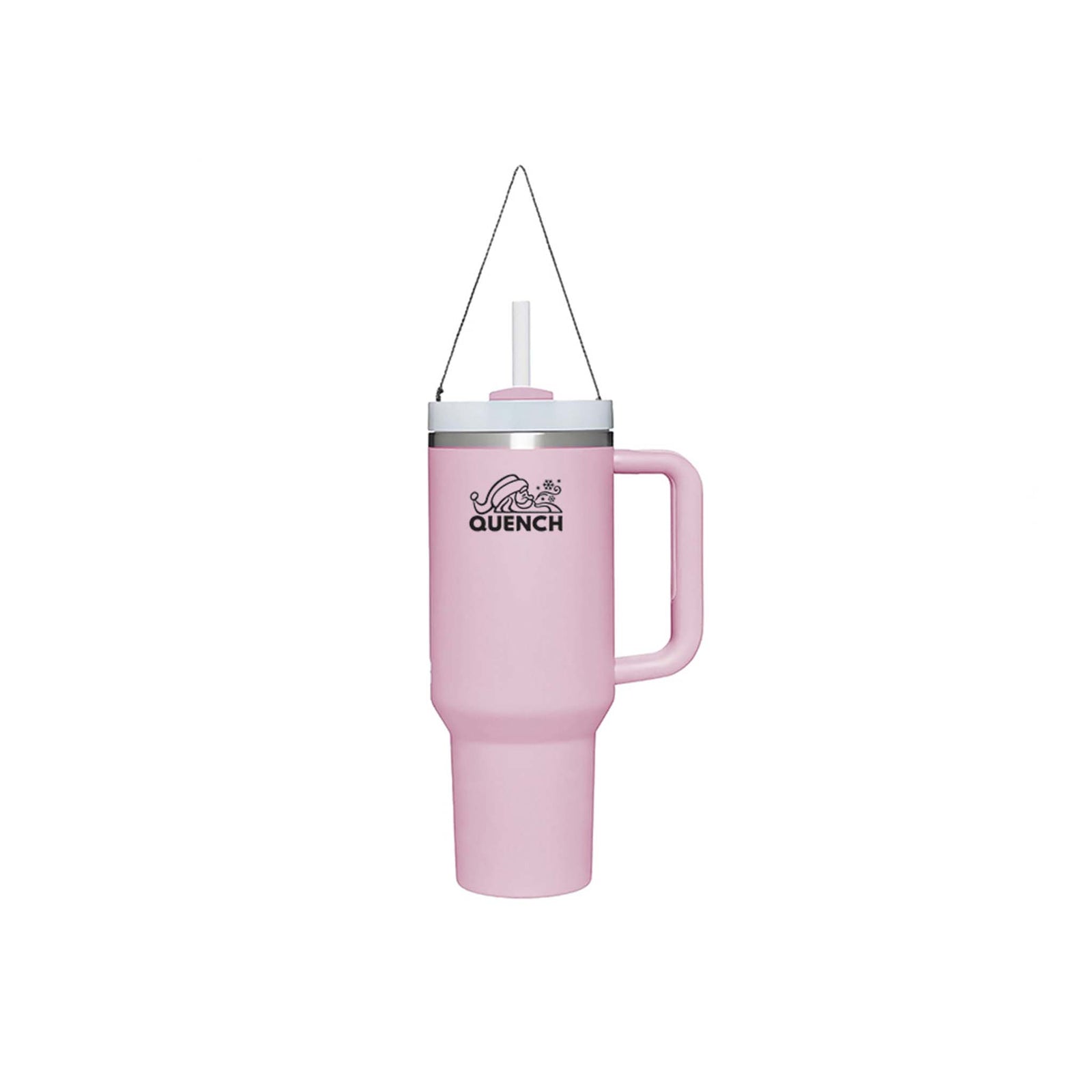 Pink insulated tumbler with handle and straw ornament on a white background
