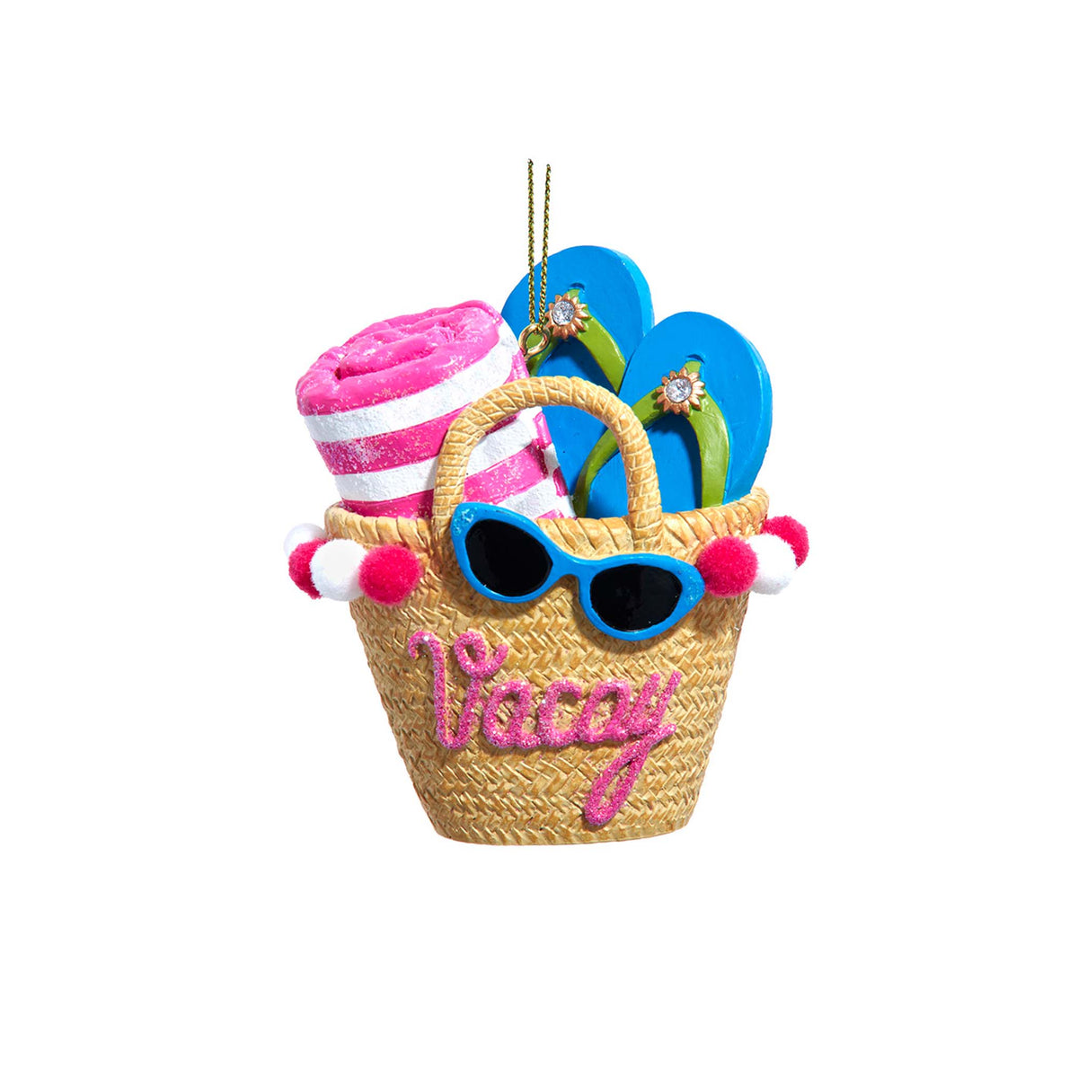 Beach bag ornament with pink glitter 'Vacay' text, flip flops, striped towel, sunglasses, and pom-pom trim
