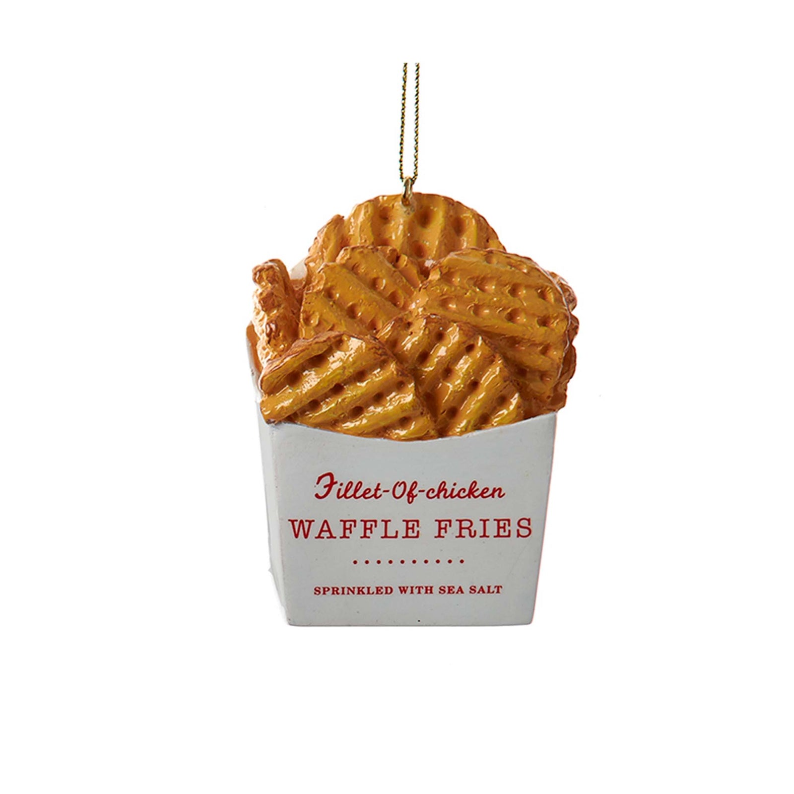 Waffle Fries Ornament in a white fry carton filled with golden waffle fries, hanging with a string.