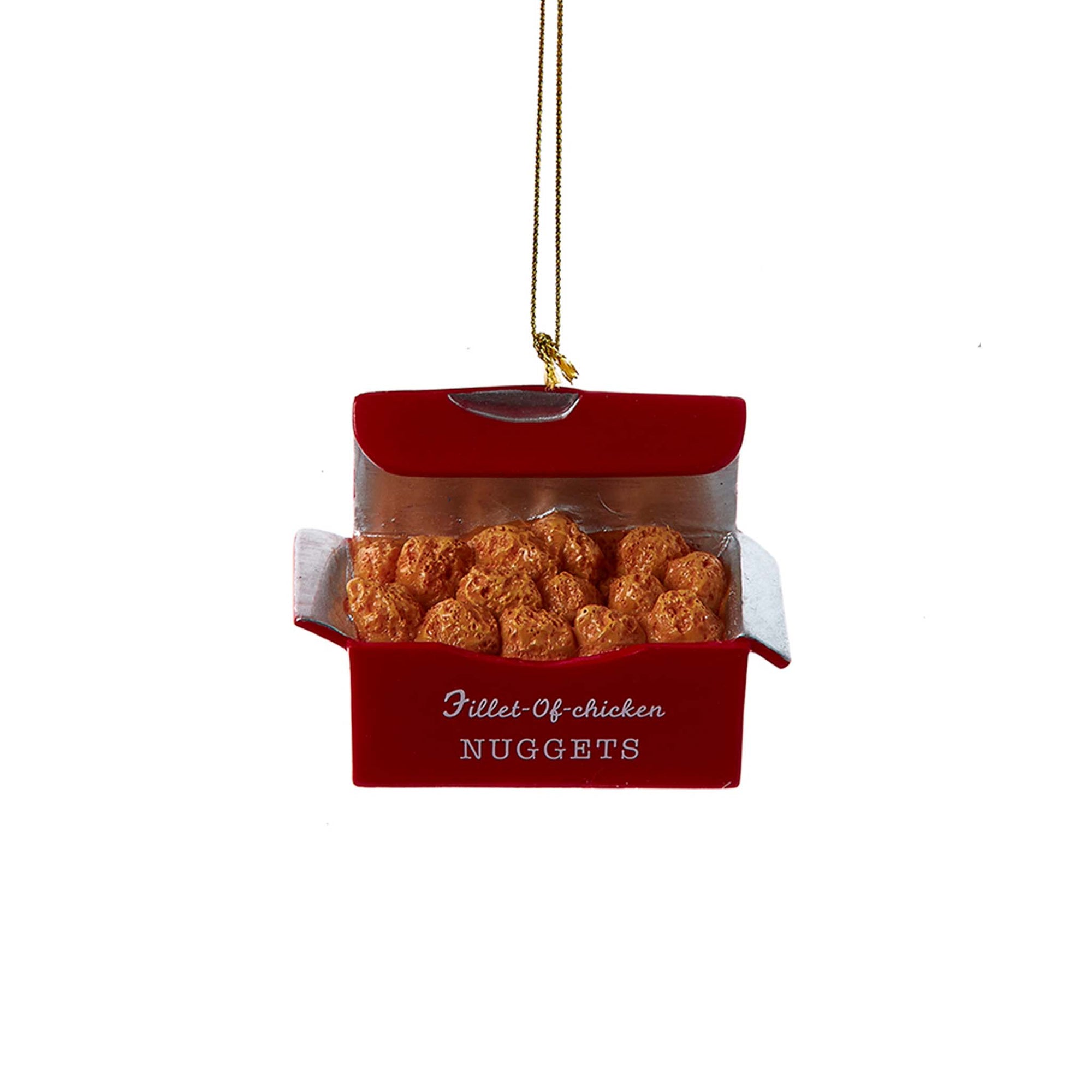 Chicken Nuggets Ornament shaped like a red takeout box filled with golden nuggets, hanging with a gold string.