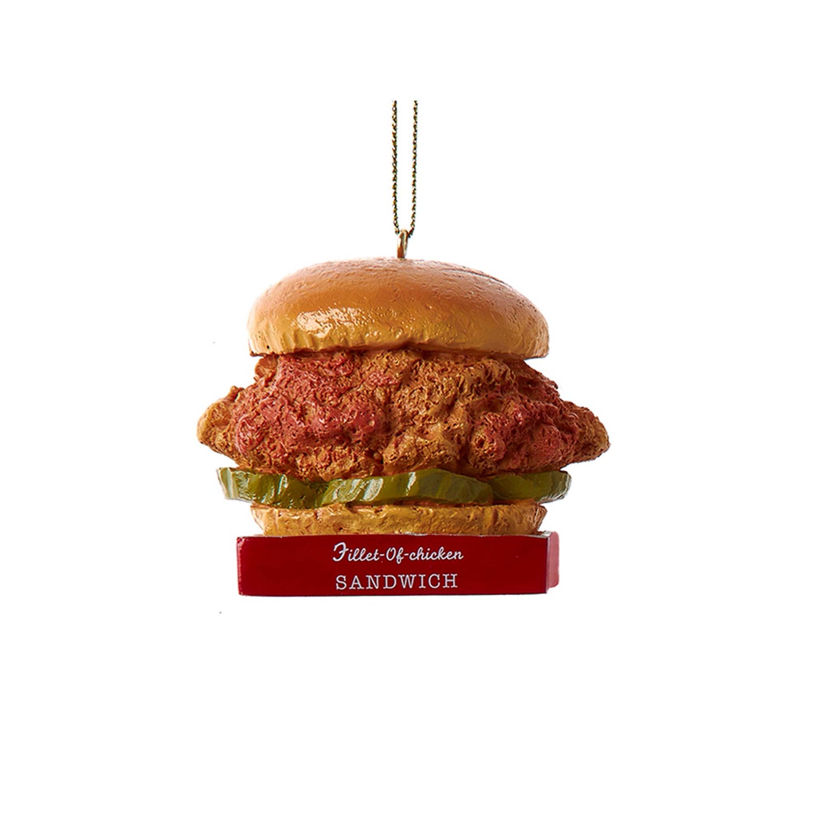 Chicken Sandwich Ornament with bun, fried chicken, and pickles, designed to look like a sandwich, hanging with a gold string.