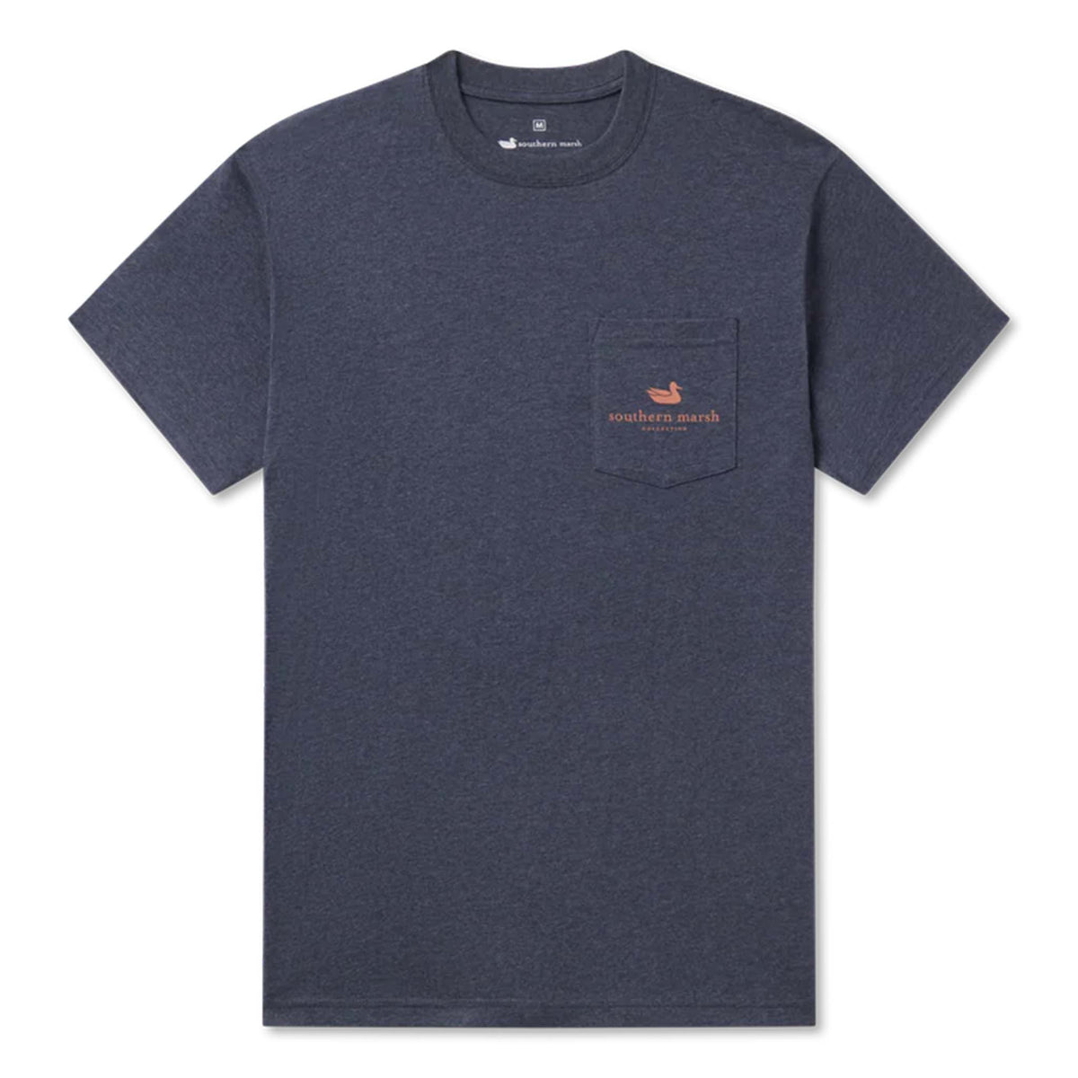 Flat lay of navy Southern Marsh tee with front chest pocket logo and large buck graphic on the back.