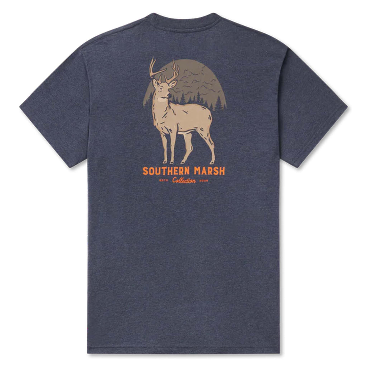 Flat lay of navy Southern Marsh tee with tan buck and forest graphic and Southern Marsh lettering on the back.