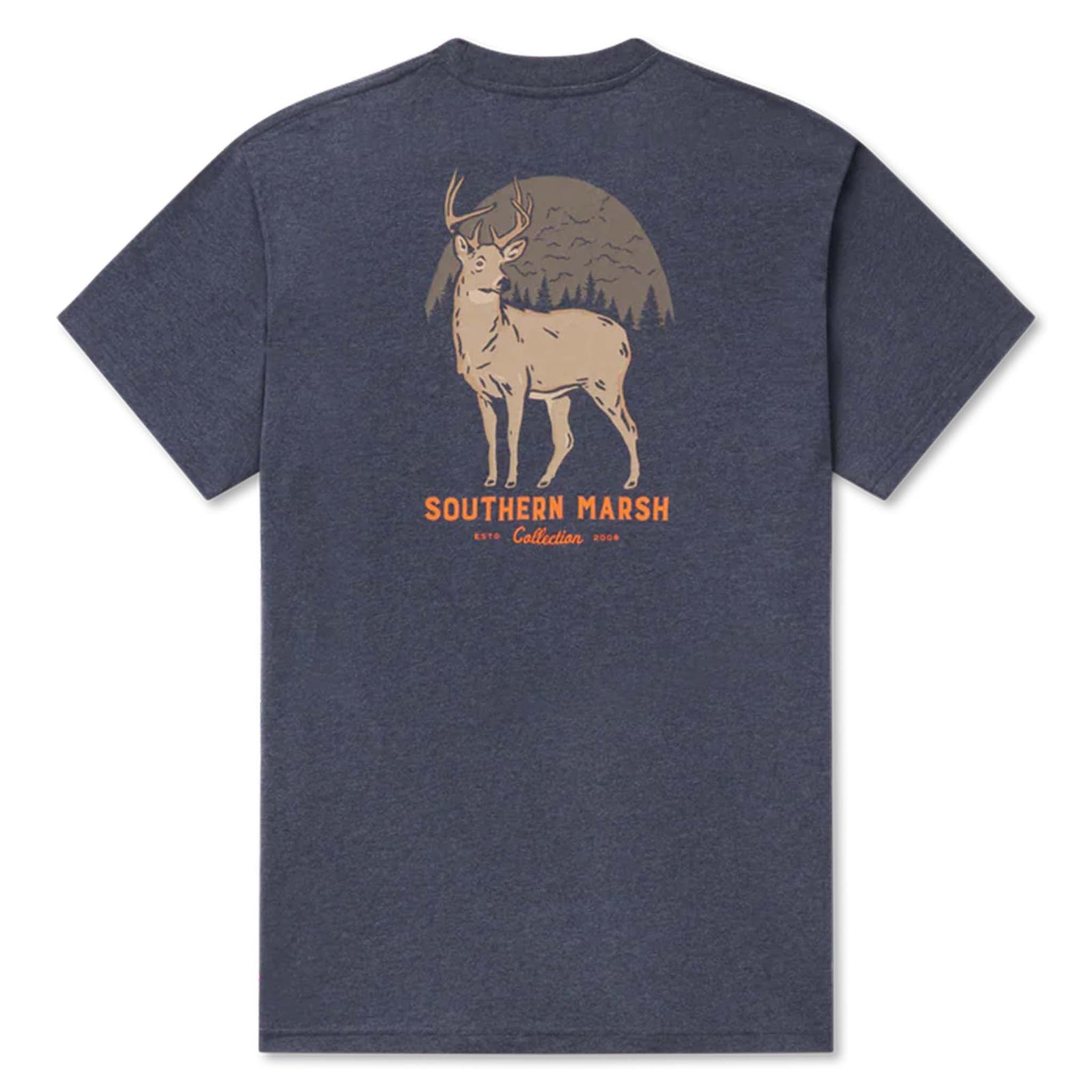 Flat lay of navy Southern Marsh tee with tan buck and forest graphic and Southern Marsh lettering on the back.