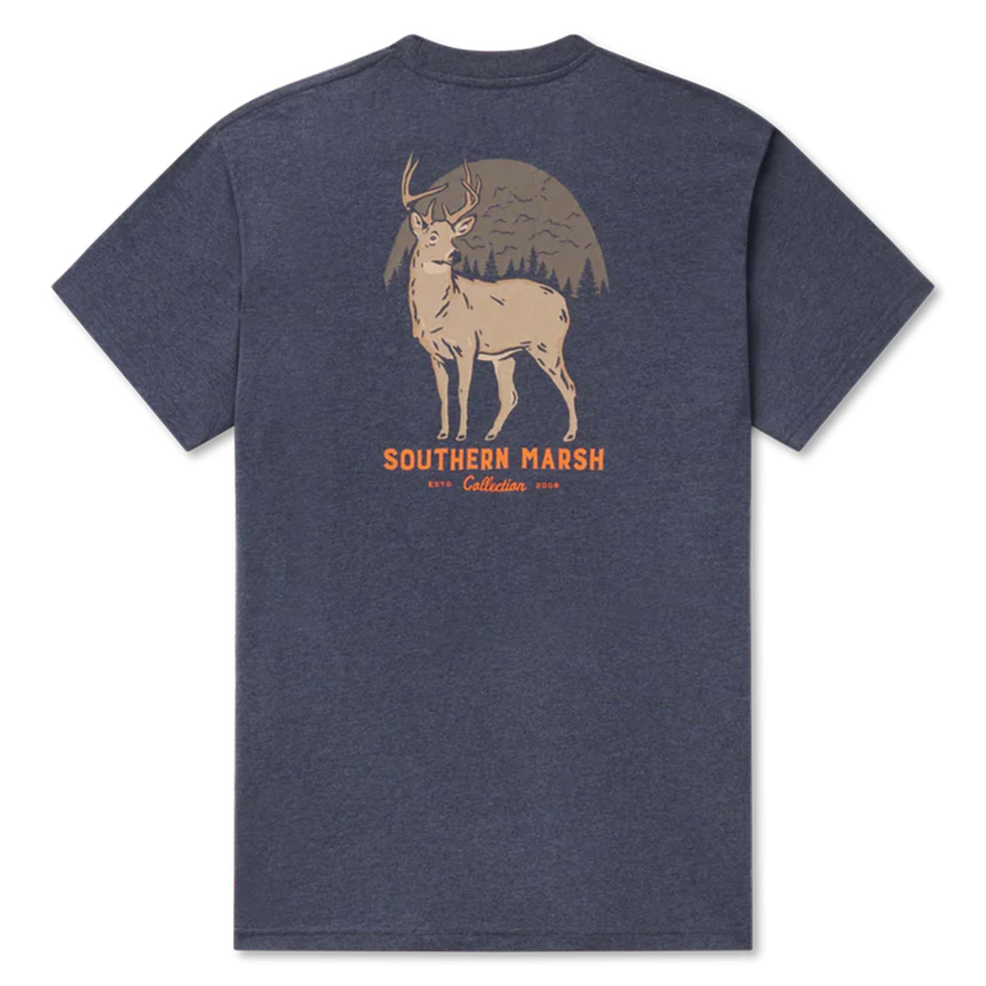 Flat lay of navy Southern Marsh tee with tan buck and forest graphic and Southern Marsh lettering on the back.