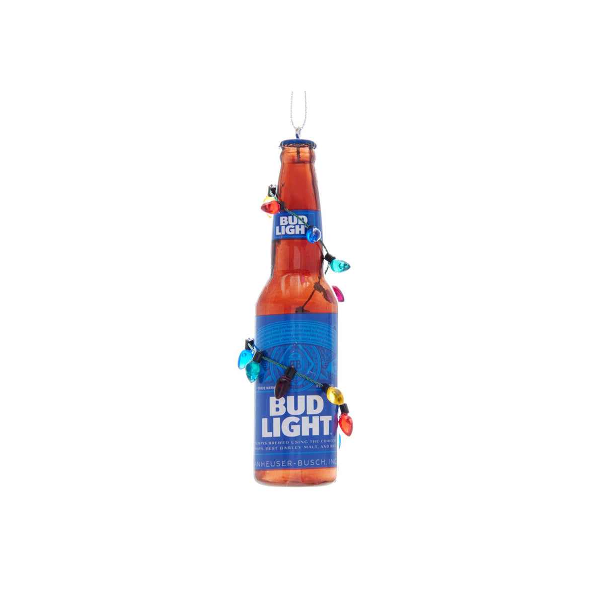 Bud Light bottle ornament with colorful Christmas lights wrapped around it.