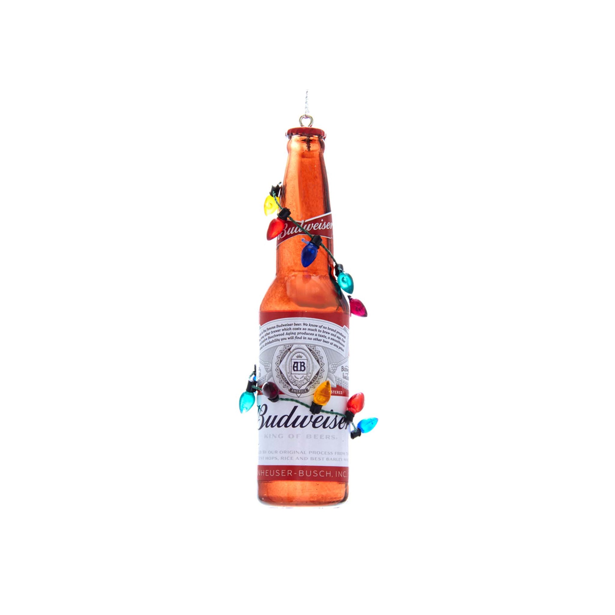 Budweiser bottle ornament decorated with colorful Christmas lights.