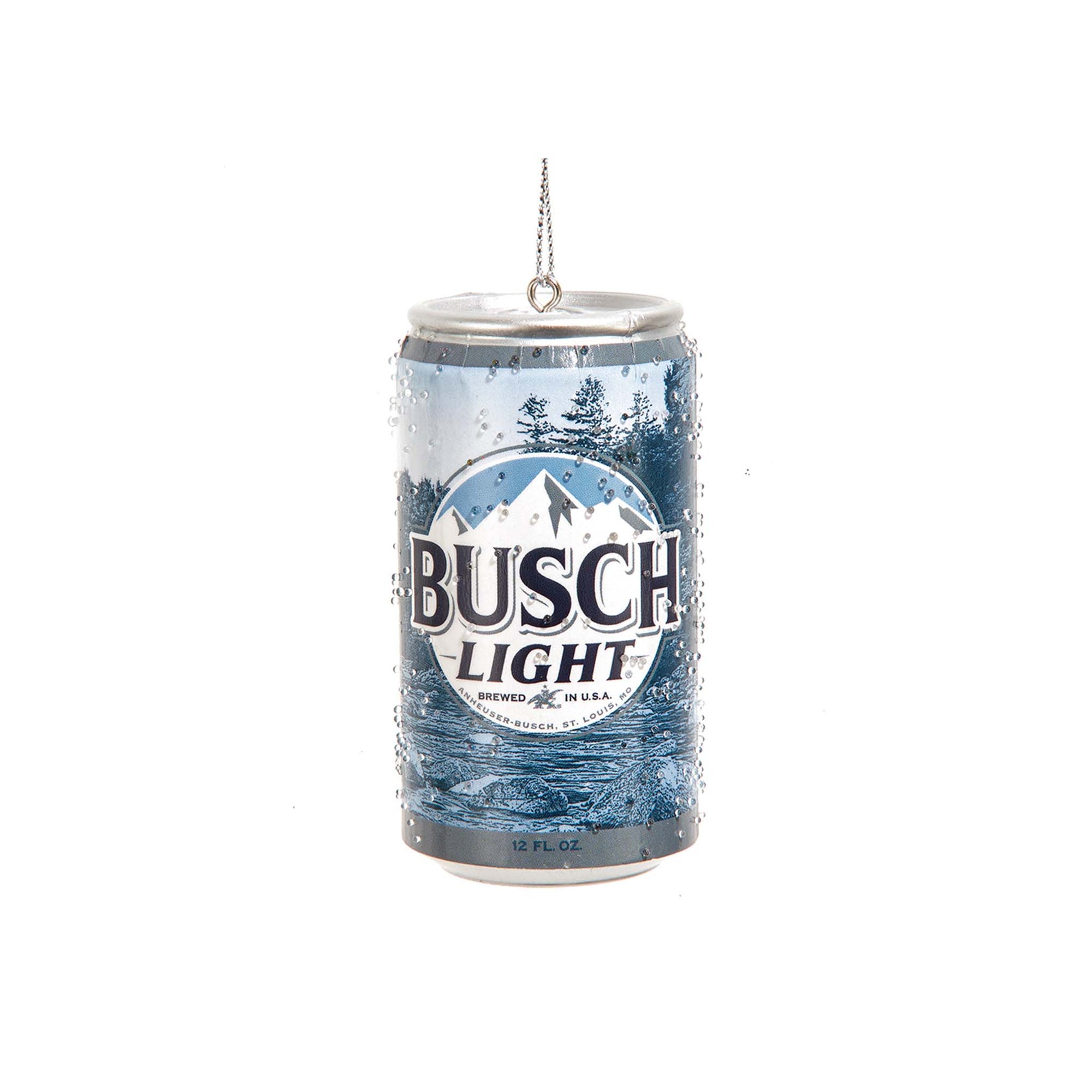 Busch Light beer can ornament with mountain design on a white background