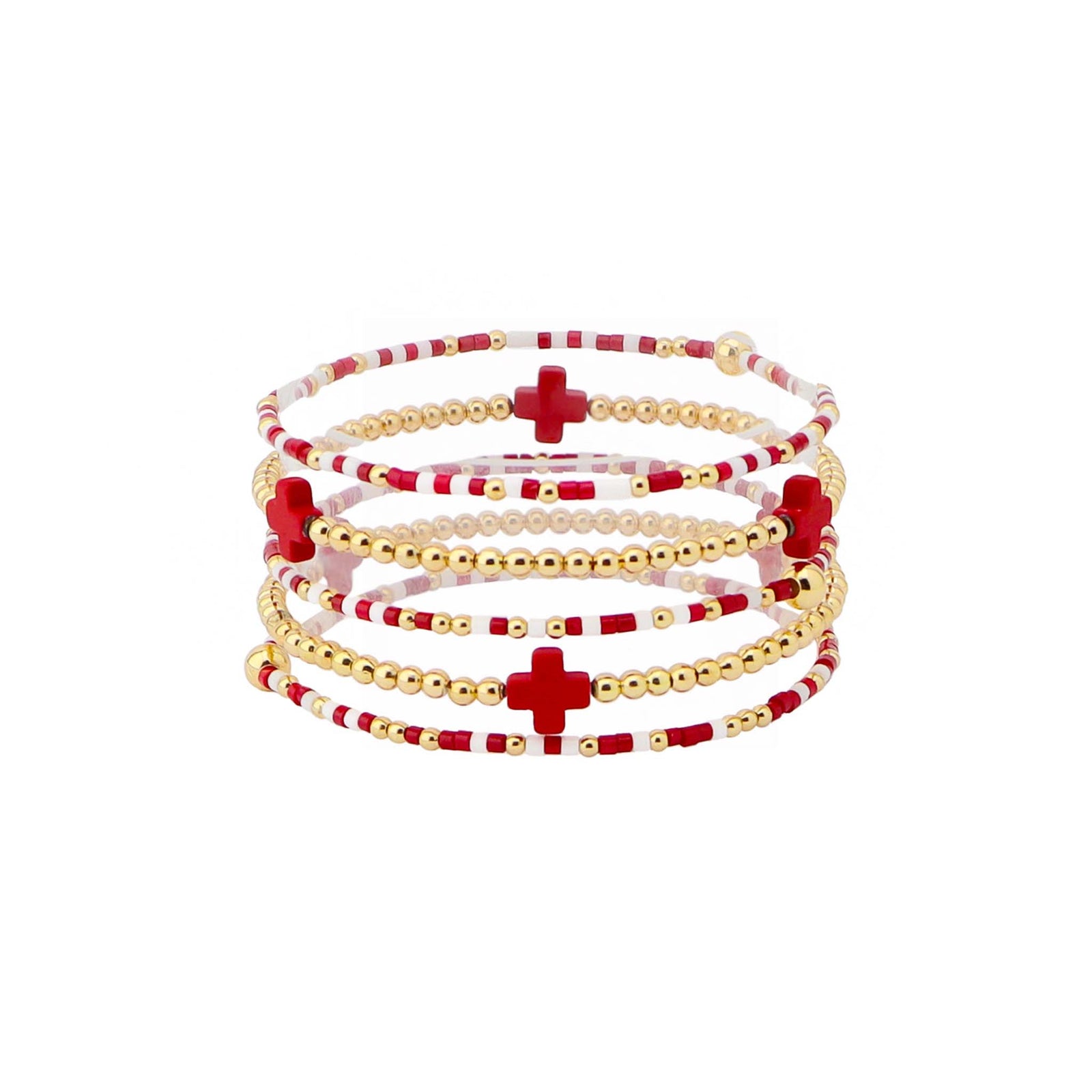 Beaded wrap bracelet with crimson, white, and gold beads featuring crimson cross accents and a layered design.