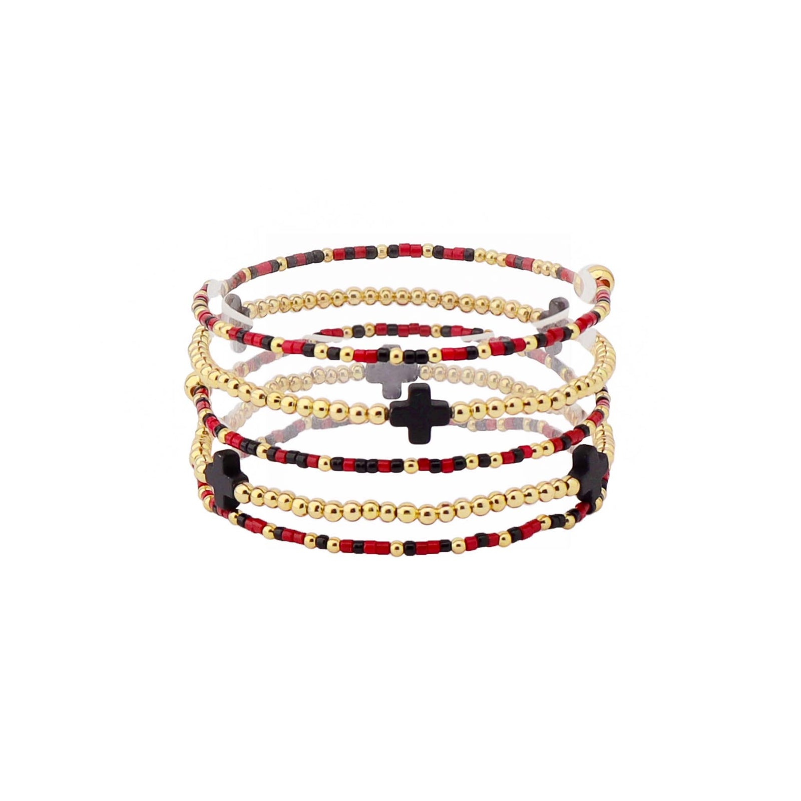 Beaded wrap bracelet with garnet, black, and gold beads featuring black cross accents and a layered design.