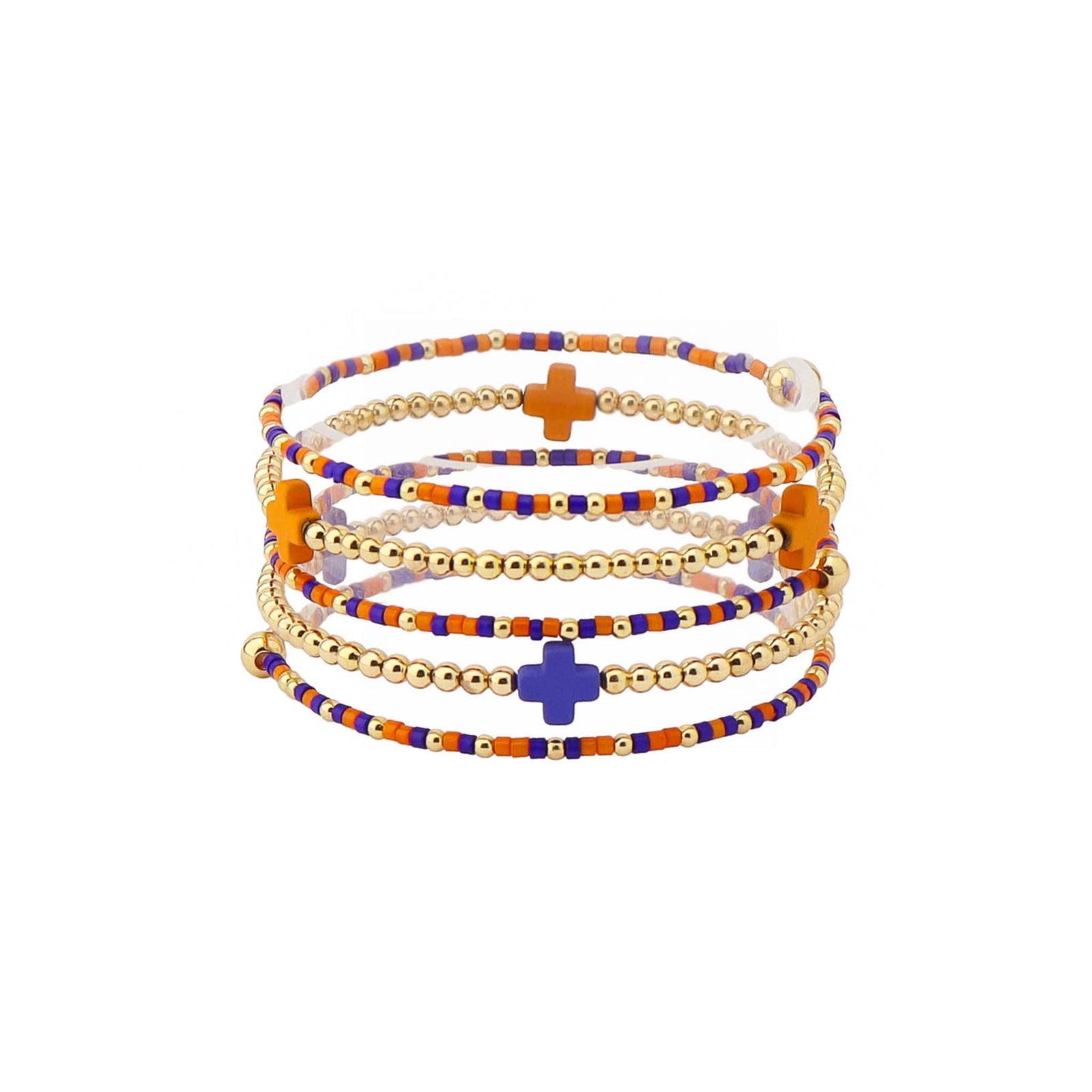 Set of colorful beaded bracelets with cross charms on a white background