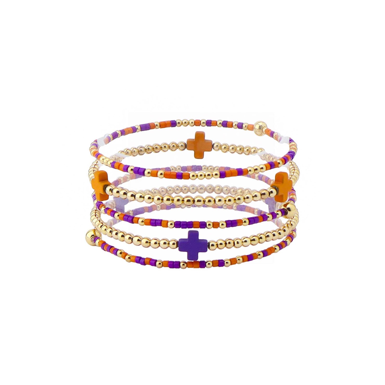 orange and purple collegiate themed bracelet stack.