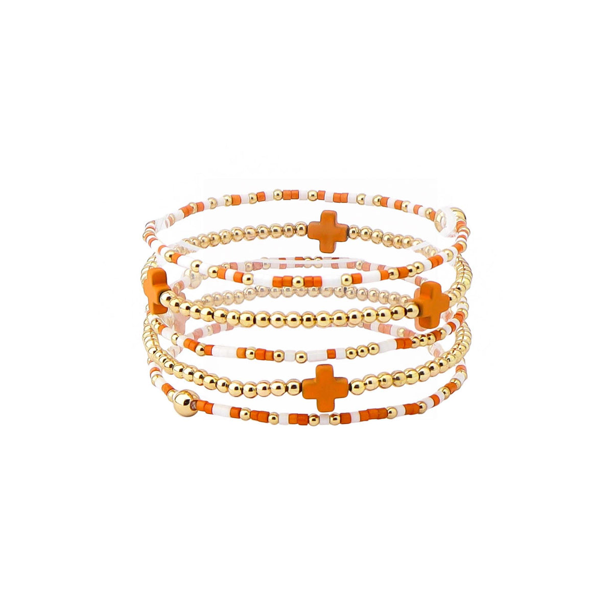 Set of beaded bracelets with orange and gold accents on a white background