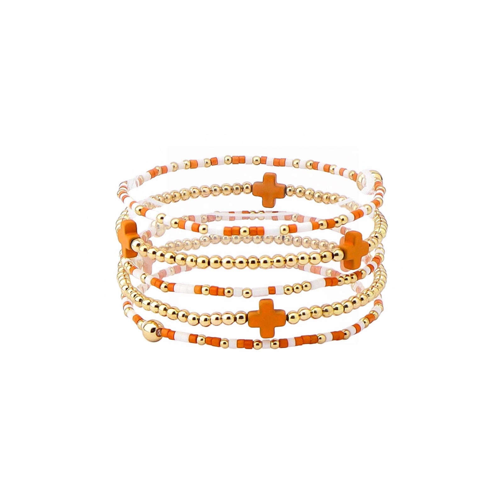 Set of beaded bracelets with orange and gold accents on a white background