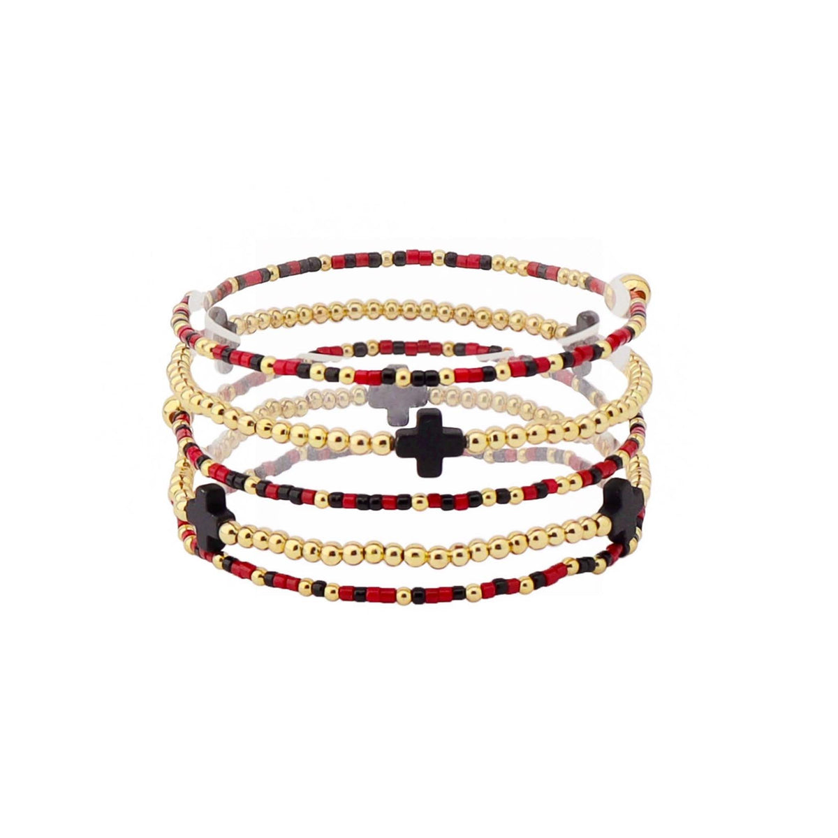 Set of beaded bracelets with gold, red, and black colors on a white background