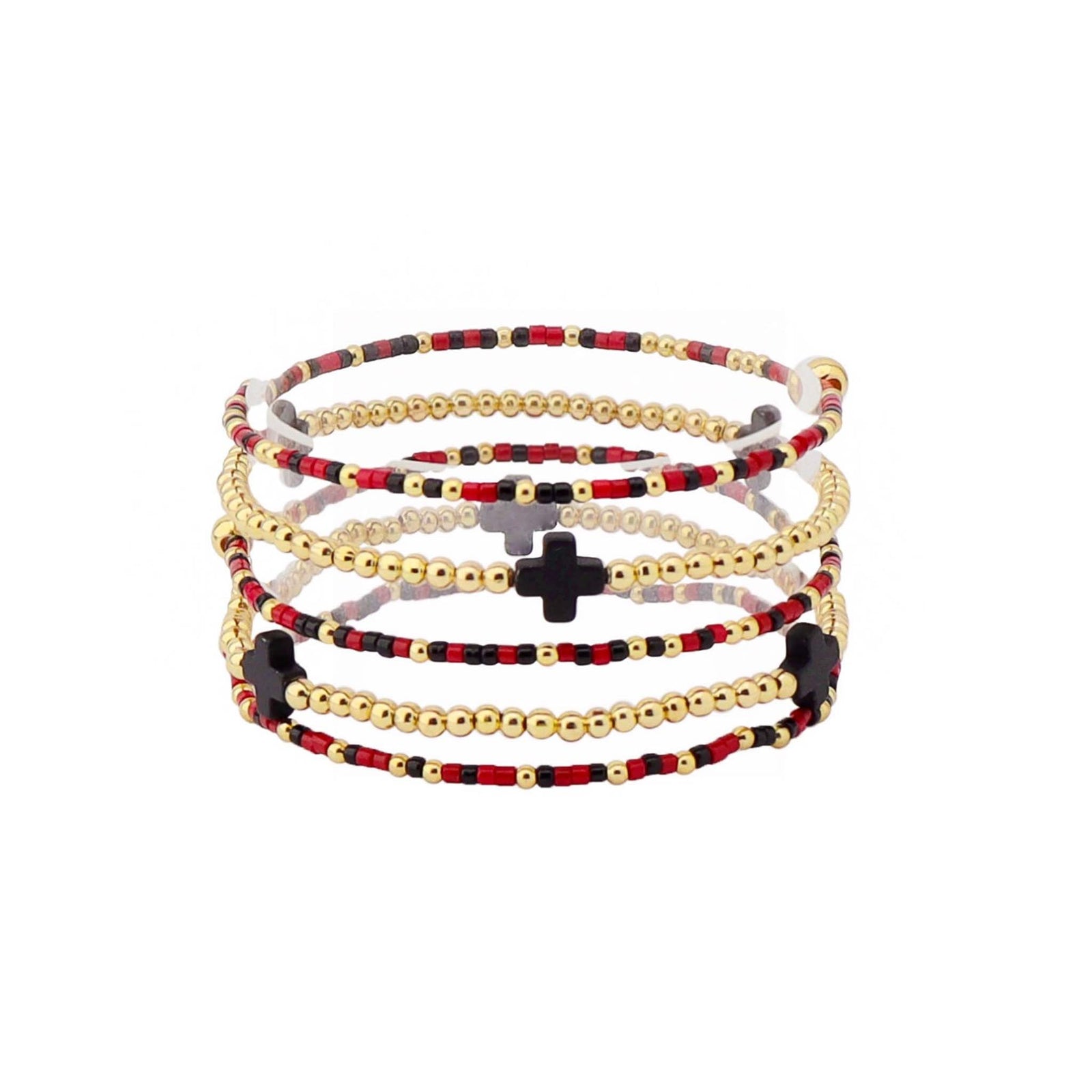 Set of beaded bracelets with gold, red, and black colors on a white background