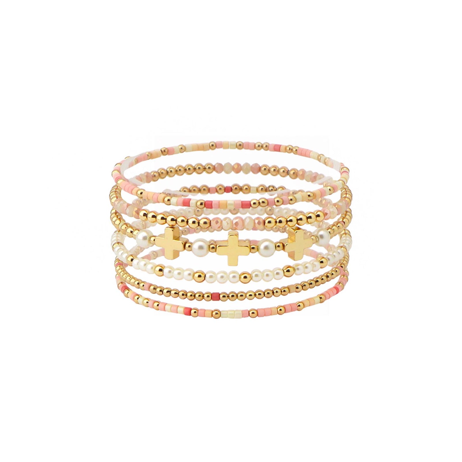 Stacked stretch bracelet set featuring pink, white, and gold beads with faux pearls and gold cross charms arranged across multiple strands.