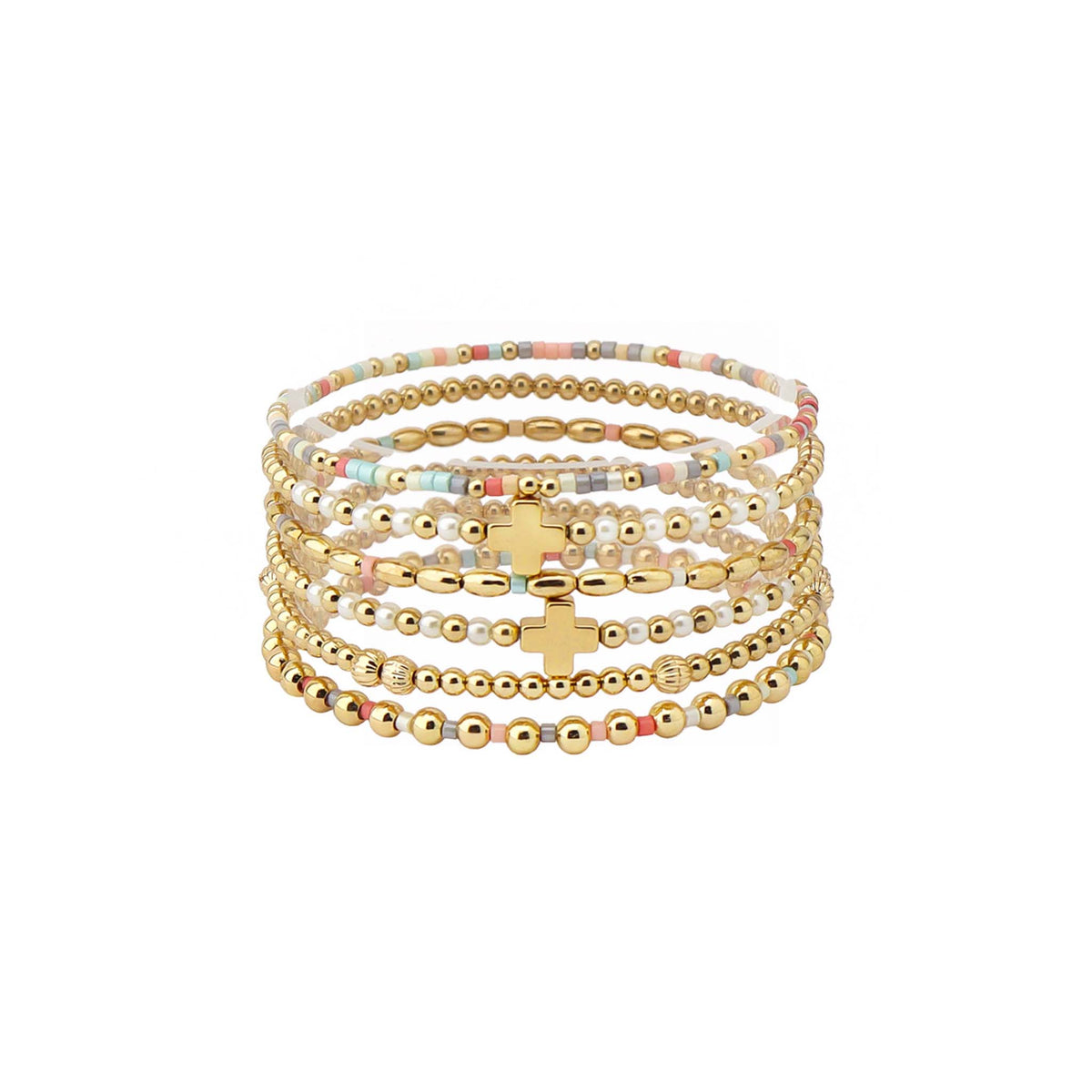 Stacked stretch bracelet set featuring multi-color beads, white faux pearls, and polished gold beads with gold cross charms across multiple strands.