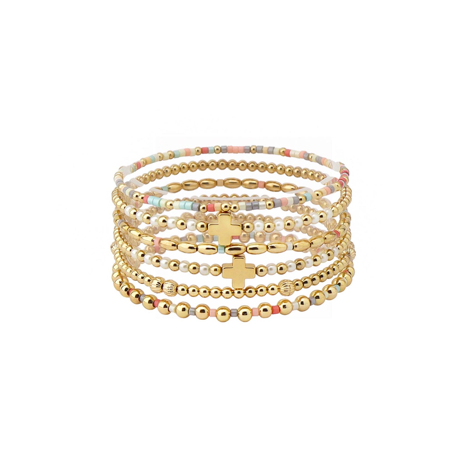 Stacked stretch bracelet set featuring multi-color beads, white faux pearls, and polished gold beads with gold cross charms across multiple strands.